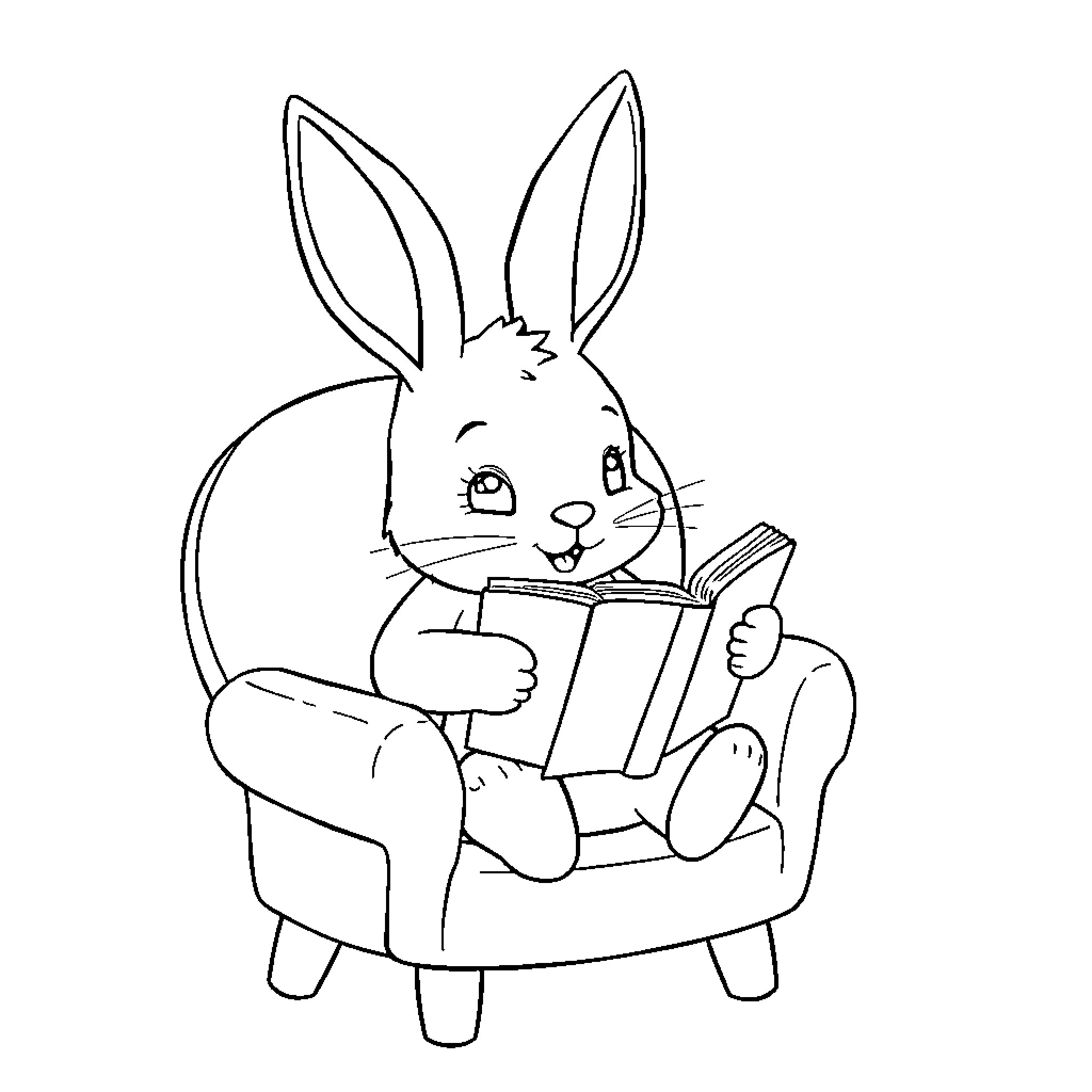 Bunny reading a book in a chair Coloring Page (free black-and-white line drawing printable PDF for all, from beginners to advanced learners, including children, teens, adults, and seniors)