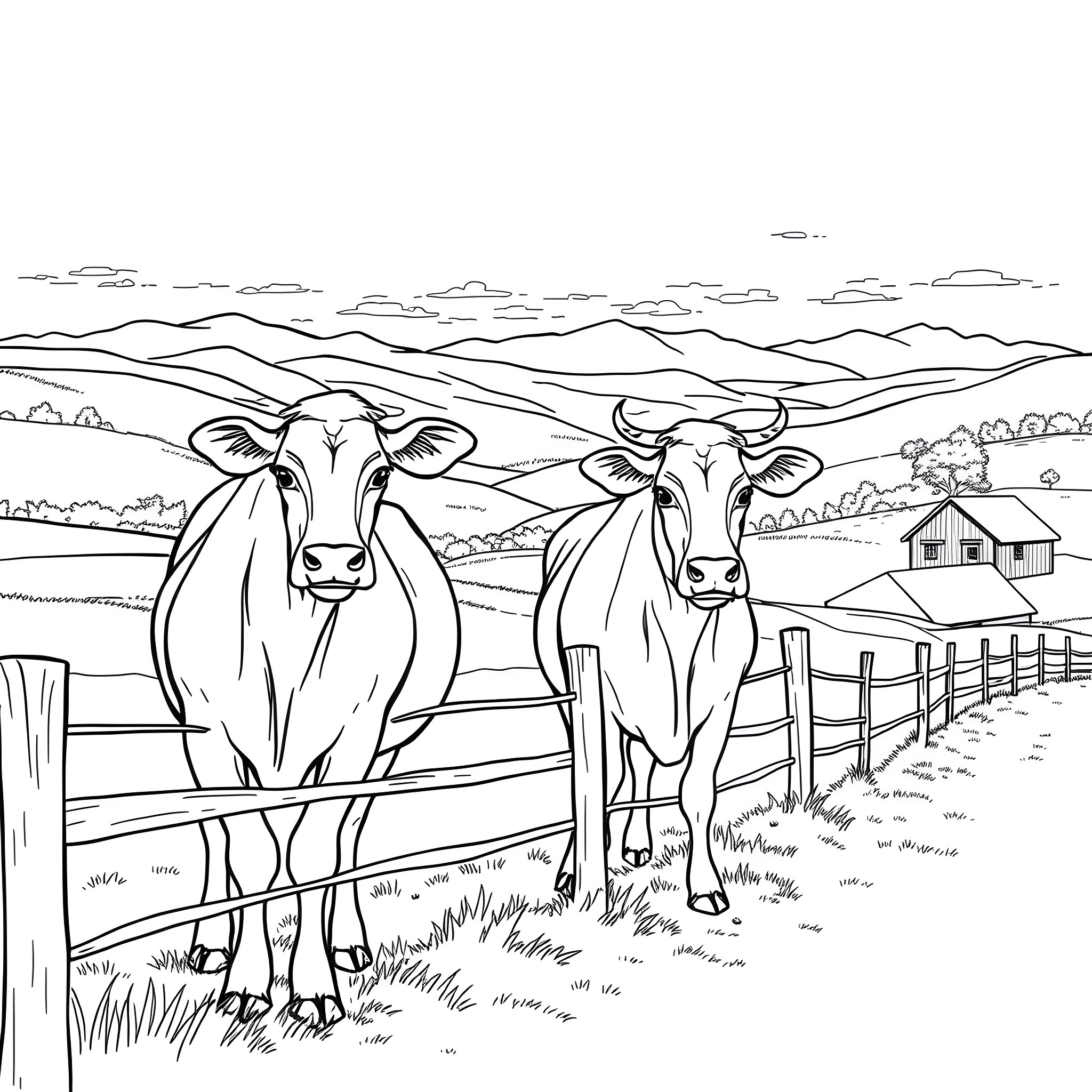 Cows standing in a pastoral landscape Coloring Page (free black-and-white line drawing printable PDF for all, from beginners to advanced learners, including children, teens, adults, and seniors)