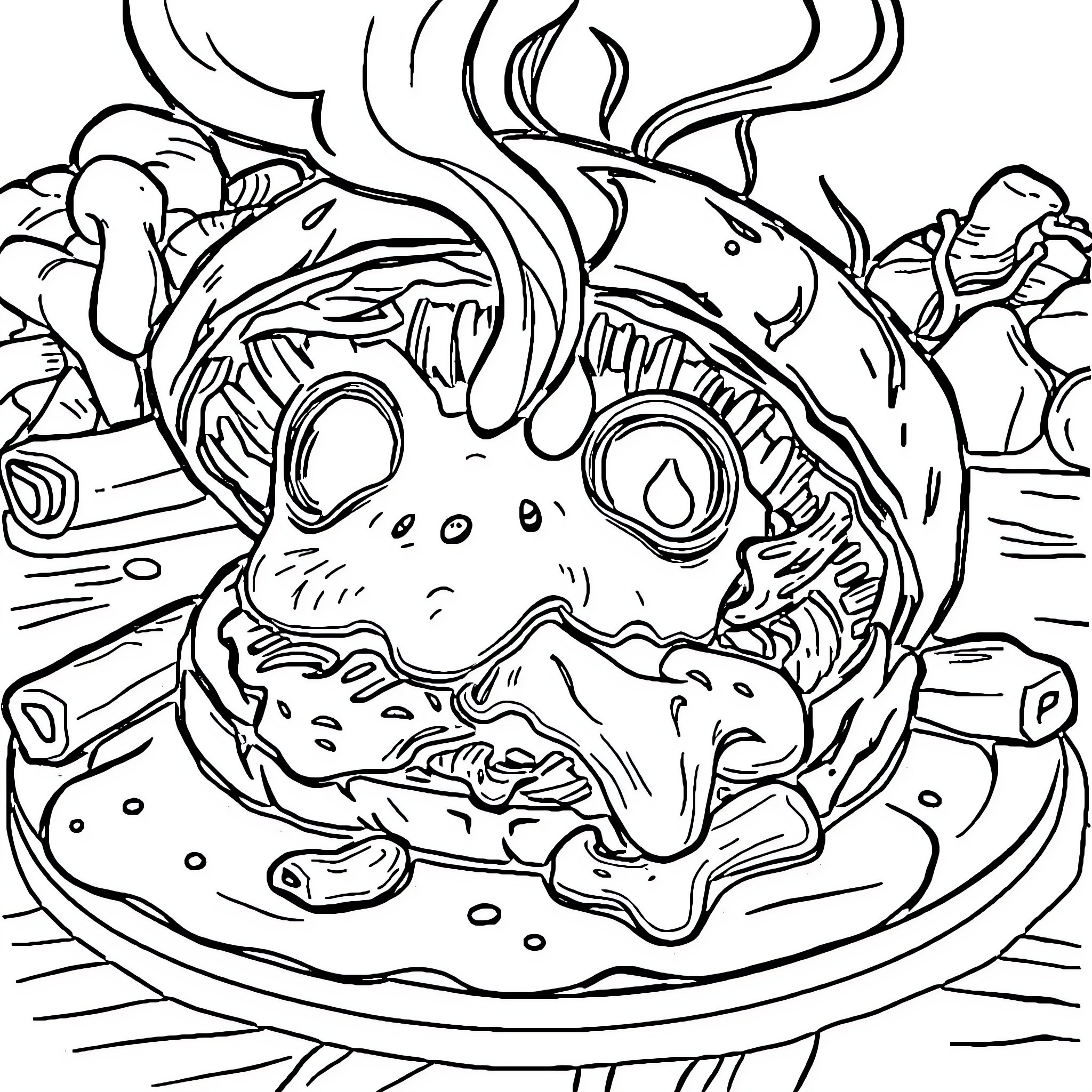 Food Fantastical Creature on a Dish Coloring Page (free black-and-white line drawing printable PDF for all, from beginners to advanced learners, including children, teens, adults, and seniors)