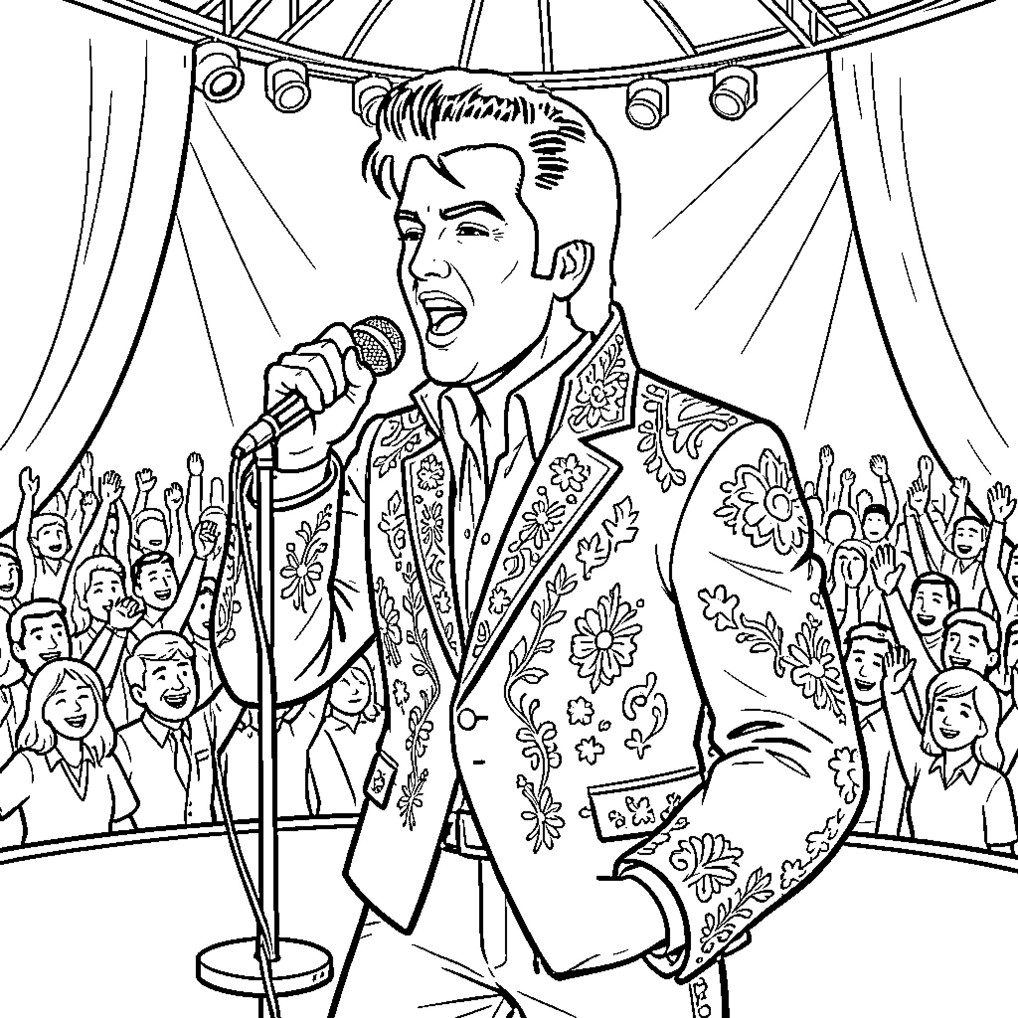 Elvis singing passionately into a microphone on stage Coloring Page (free black-and-white line drawing printable PDF for all, from beginners to advanced learners, including children, teens, adults, and seniors)