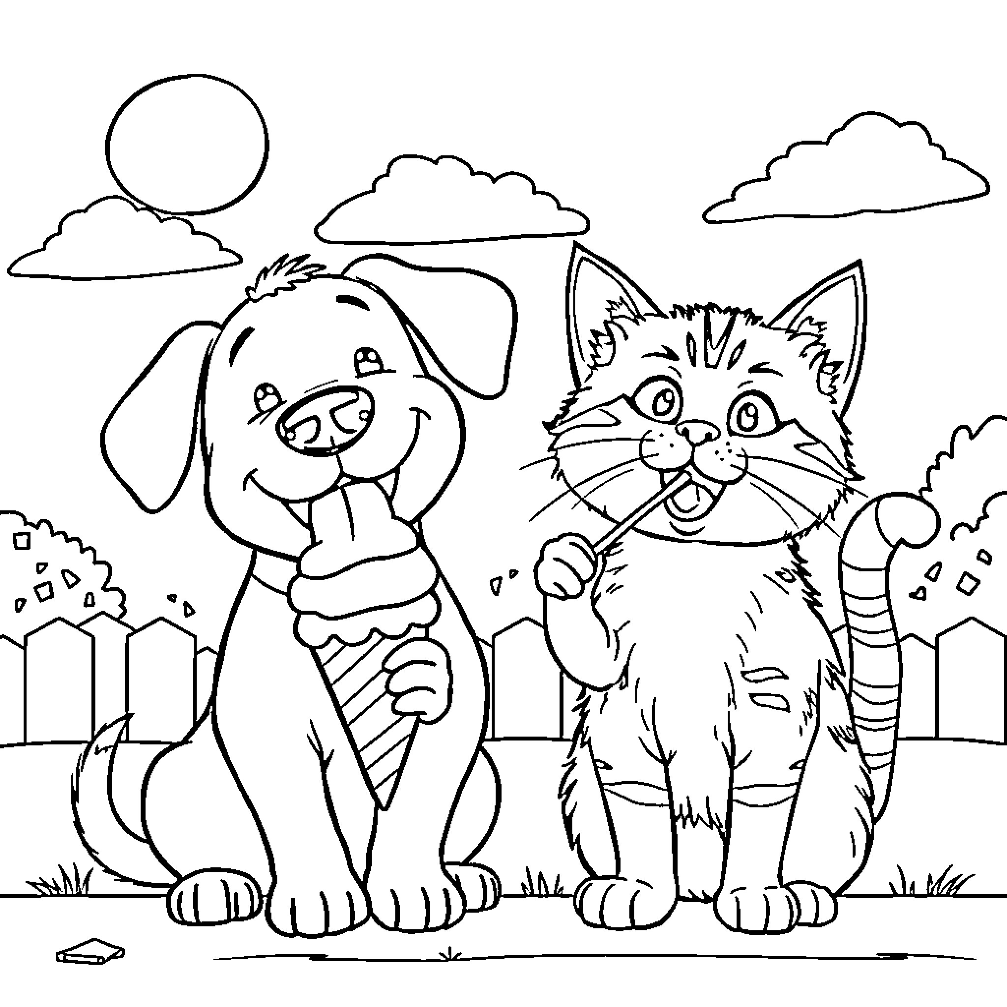 Dog and cat playing together in the park Coloring Page (free black-and-white line drawing printable PDF for all, from beginners to advanced learners, including children, teens, adults, and seniors)