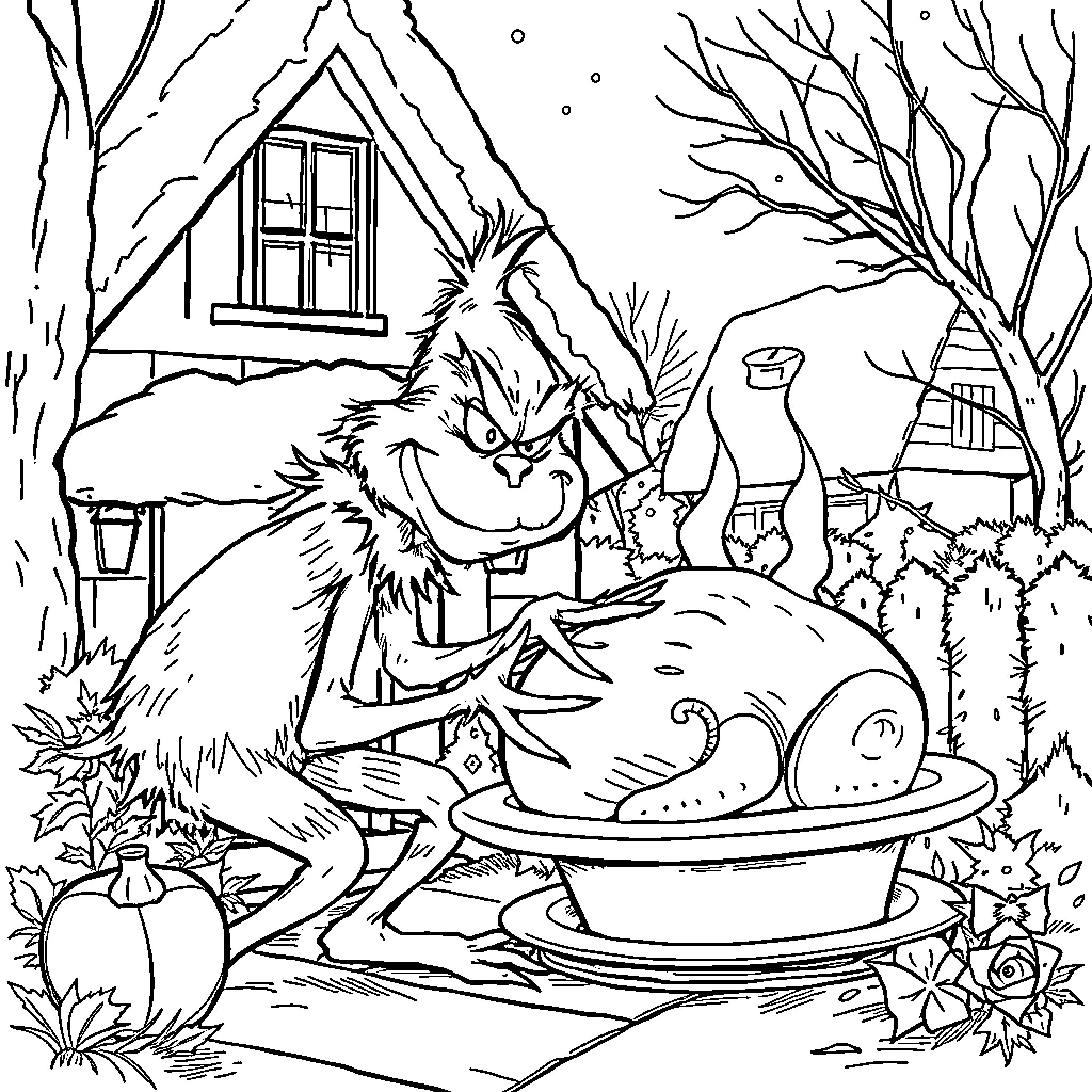 Grinch stealing a Thanksgiving meal from a cabin Coloring Page (free black-and-white line drawing printable PDF for all, from beginners to advanced learners, including children, teens, adults, and seniors)