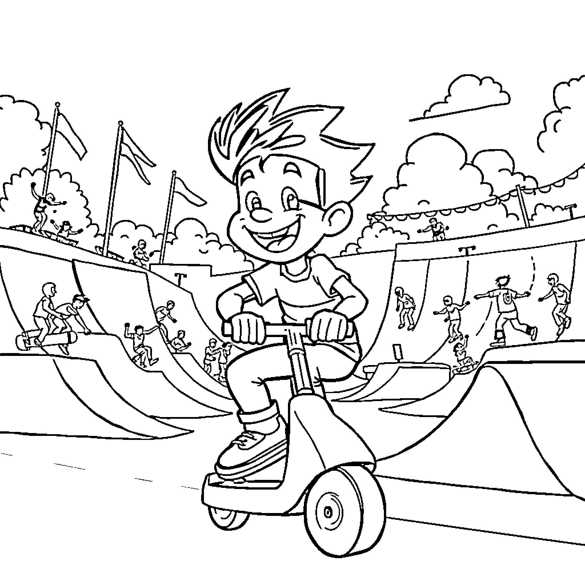 Scooter boy enjoying the skatepark Coloring Page (free black-and-white line drawing printable PDF for all, from beginners to advanced learners, including children, teens, adults, and seniors)