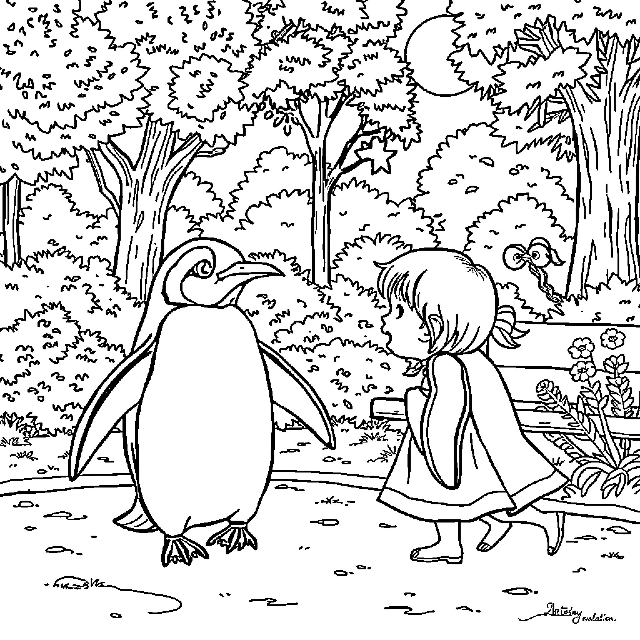 Penguin and child exploring the forest Coloring Page (free black-and-white line drawing printable PDF for all, from beginners to advanced learners, including children, teens, adults, and seniors)