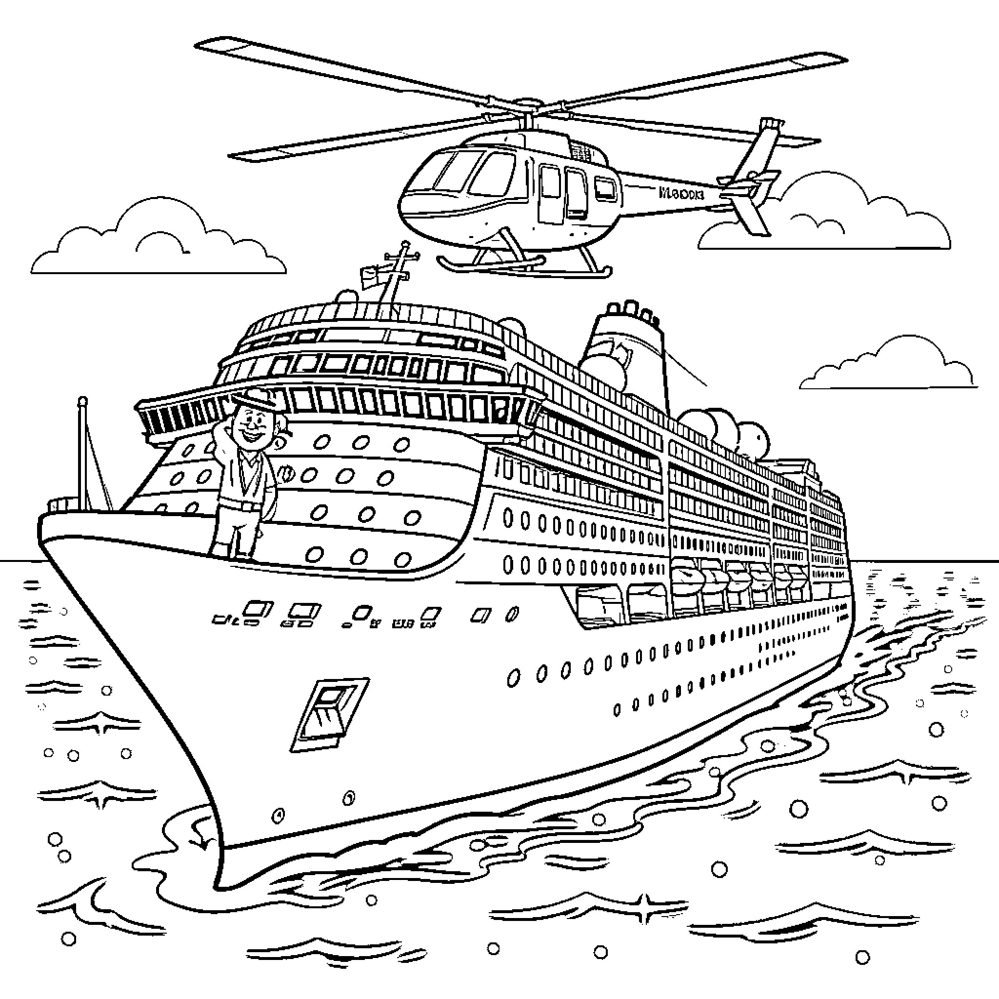 Cruise Ship and Helicopter in Ocean Scene Coloring Page (free black-and-white line drawing printable PDF for all, from beginners to advanced learners, including children, teens, adults, and seniors)