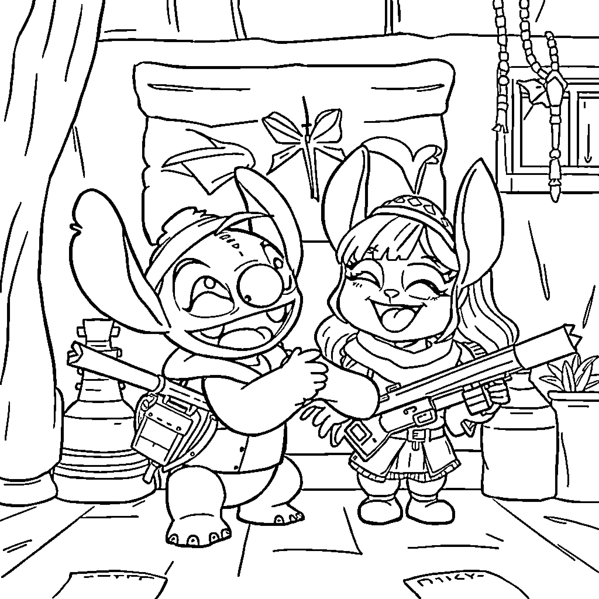 Stitch and Scrump's Playful Adventure Coloring Page (free black-and-white line drawing printable PDF for all, from beginners to advanced learners, including children, teens, adults, and seniors)