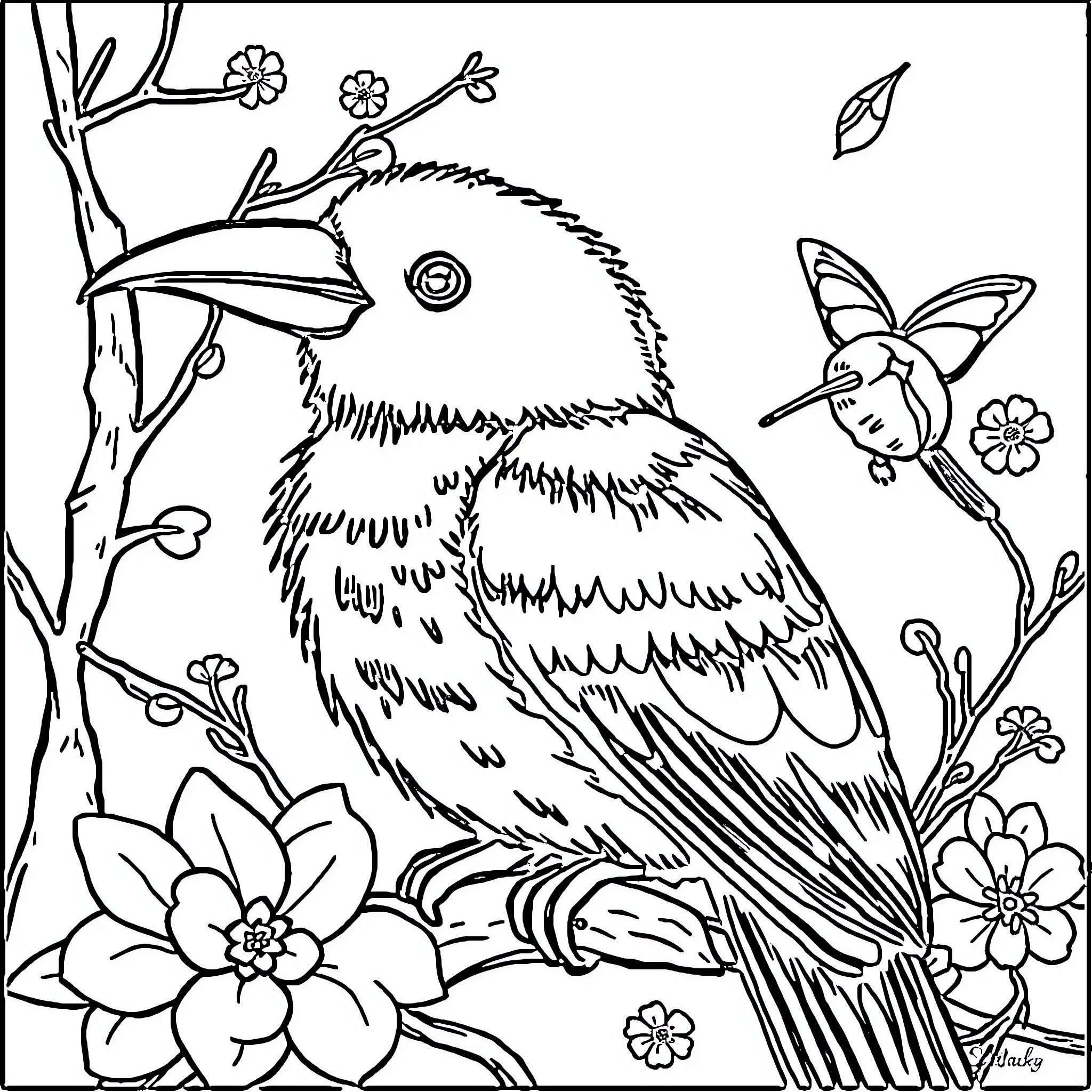 Parrot perched amidst blooming flowers and butterflies Coloring Page (free black-and-white line drawing printable PDF for all, from beginners to advanced learners, including children, teens, adults, and seniors)