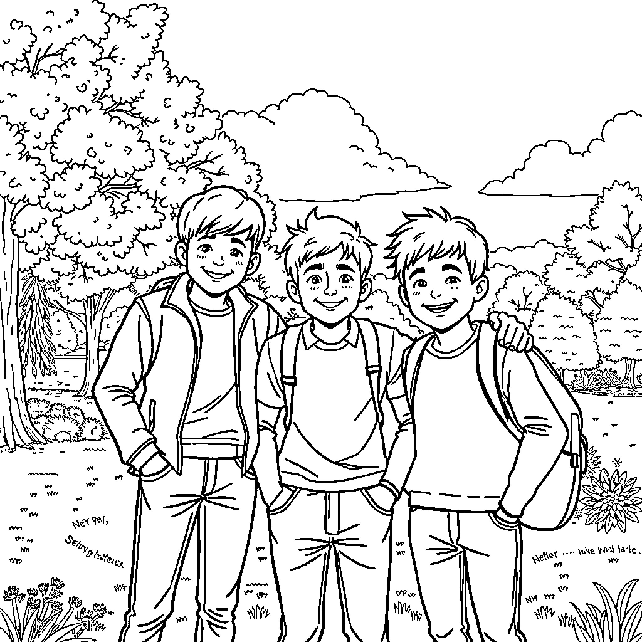 Royer's Outdoor Adventure with Friends Coloring Page (free black-and-white line drawing printable PDF for all, from beginners to advanced learners, including children, teens, adults, and seniors)