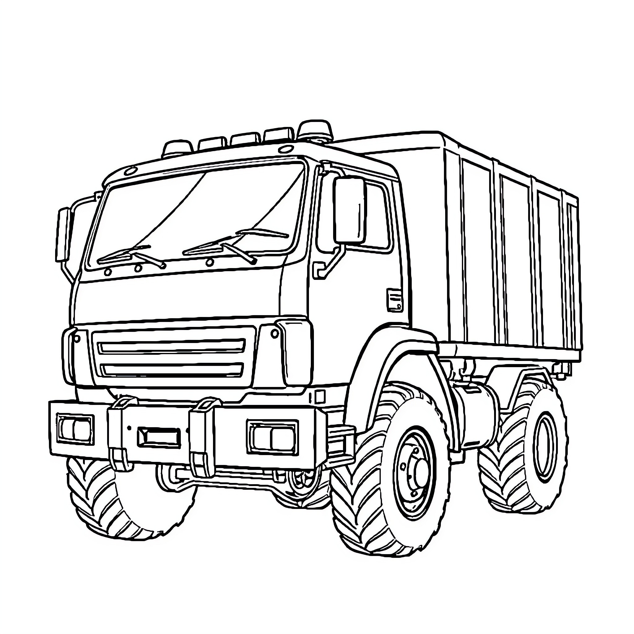 Truck with large tires transporting cargo Coloring Page (free black-and-white line drawing printable PDF for all, from beginners to advanced learners, including children, teens, adults, and seniors)