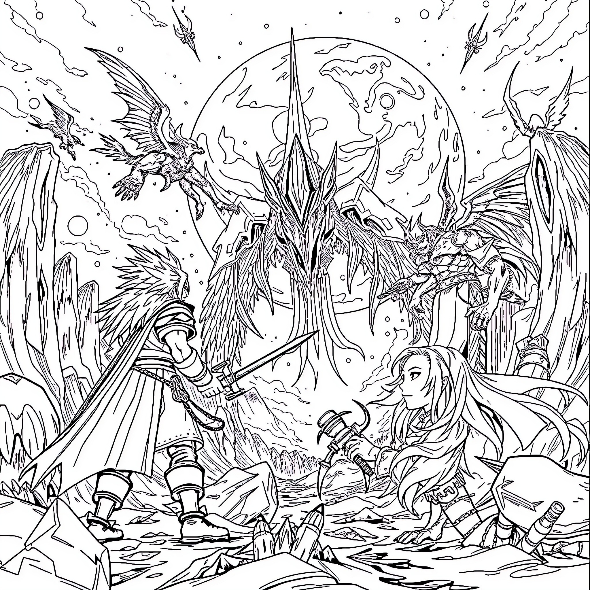 Final Fantasy: Heroic Battles in a Fantastical Realm Coloring Page (free black-and-white line drawing printable PDF for all, from beginners to advanced learners, including children, teens, adults, and seniors)