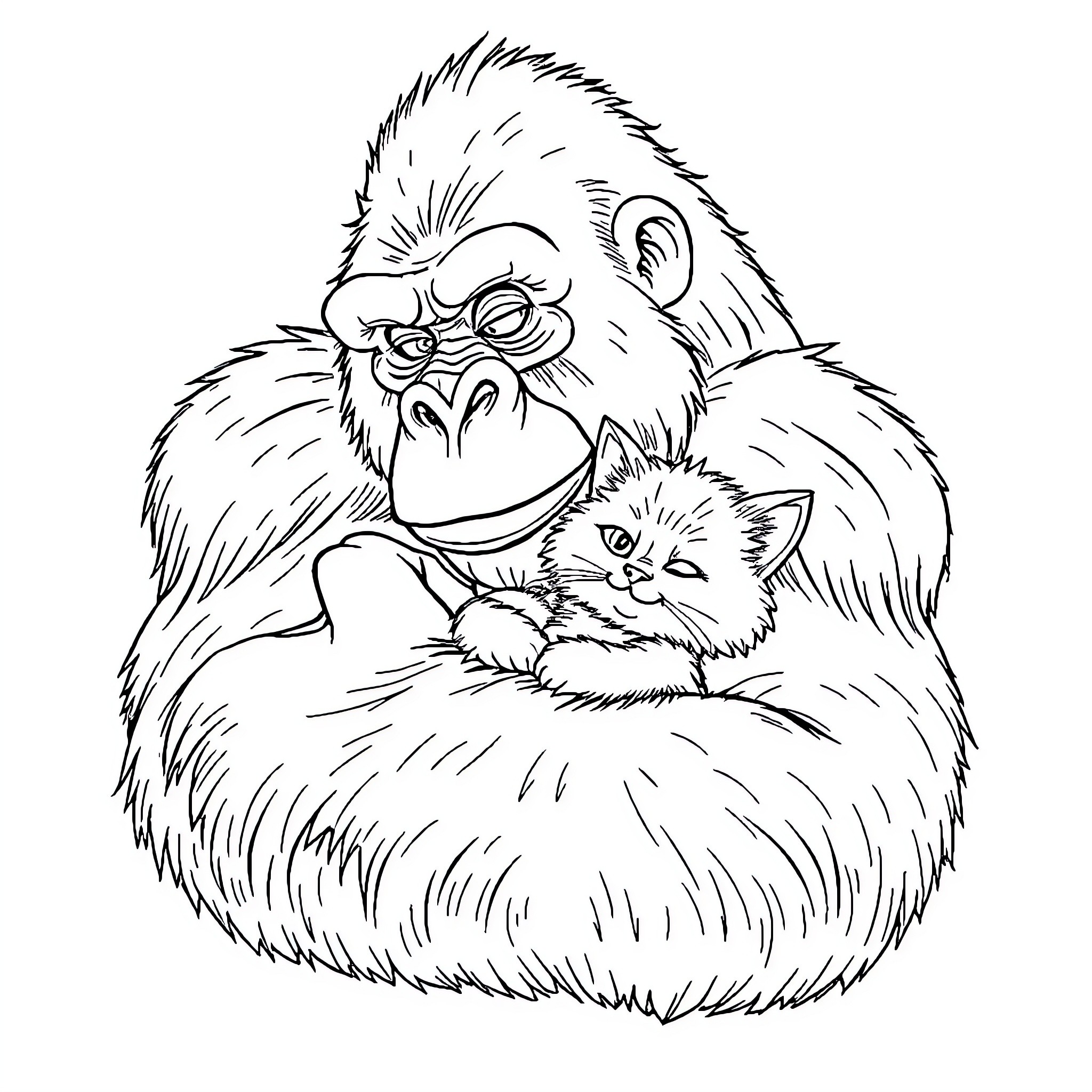 Gorilla gently holding a kitten Coloring Page (free black-and-white line drawing printable PDF for all, from beginners to advanced learners, including children, teens, adults, and seniors)