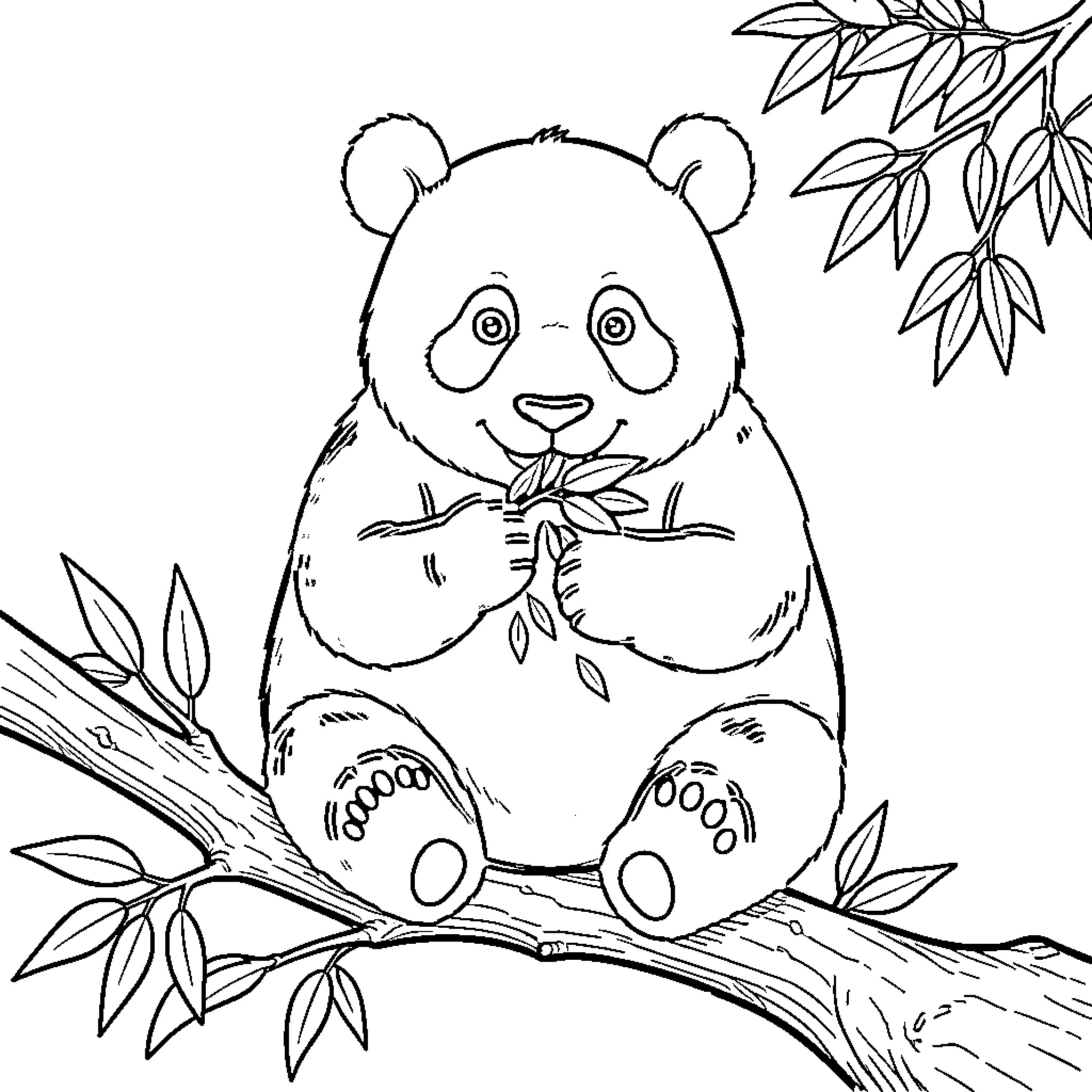 Red Panda eating leaves while sitting on a branch Coloring Page (free black-and-white line drawing printable PDF for all, from beginners to advanced learners, including children, teens, adults, and seniors)