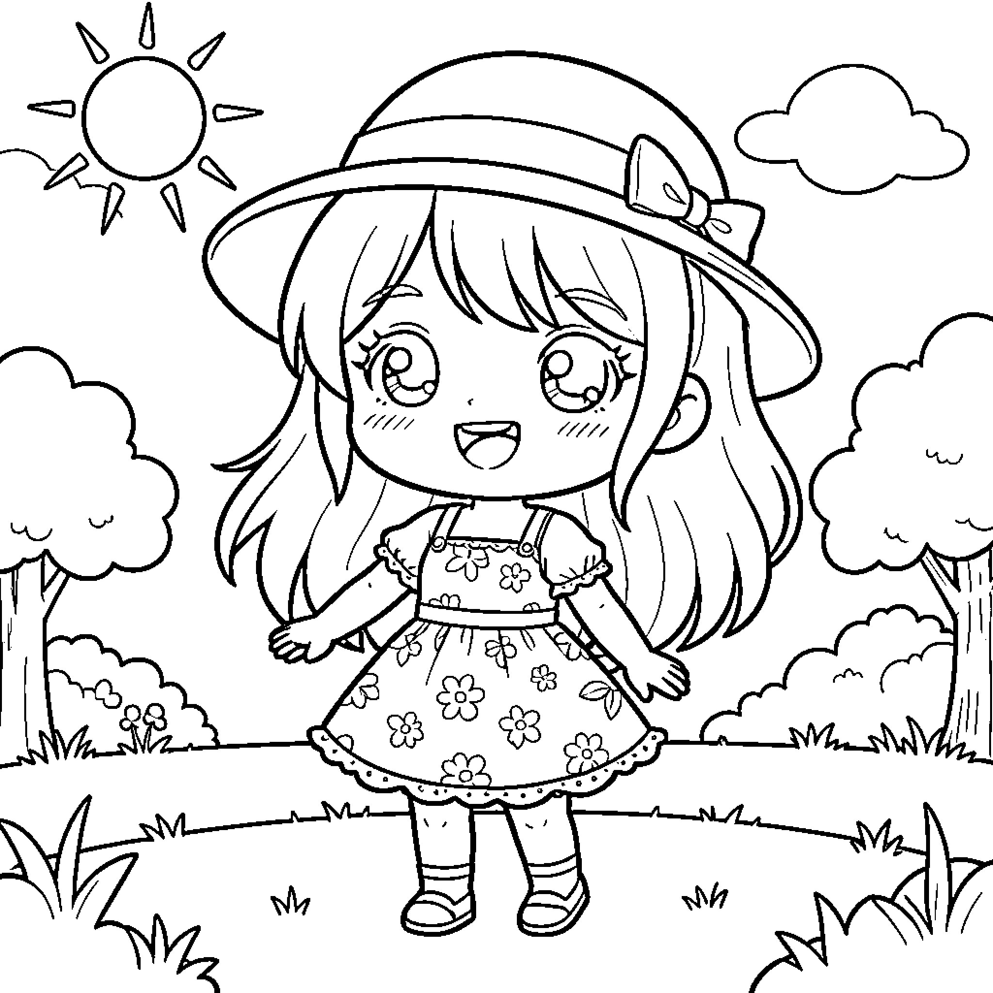 Chibi Girl smiling in a floral dress outdoors Coloring Page (free black-and-white line drawing printable PDF for all, from beginners to advanced learners, including children, teens, adults, and seniors)