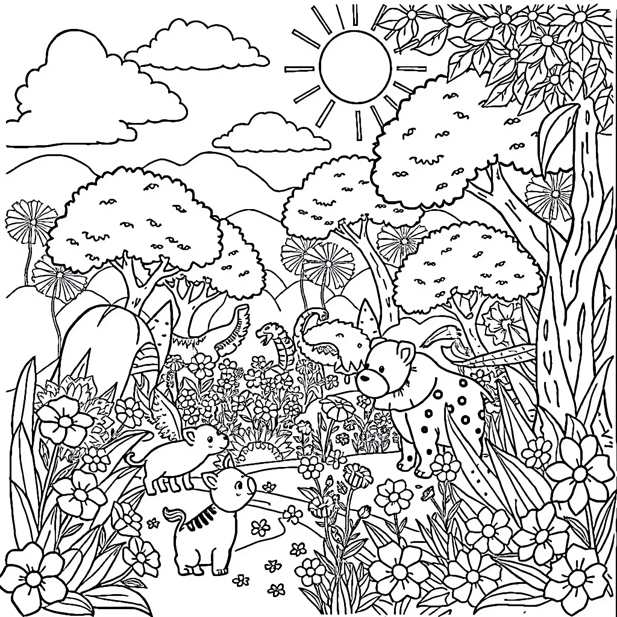 Animal friends exploring the lush garden landscape Coloring Page (free black-and-white line drawing printable PDF for all, from beginners to advanced learners, including children, teens, adults, and seniors)