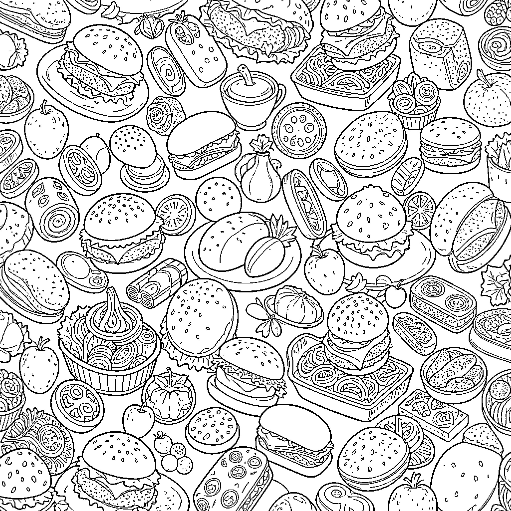 Food items arranged in a dense pattern Coloring Page (free black-and-white line drawing printable PDF for all, from beginners to advanced learners, including children, teens, adults, and seniors)