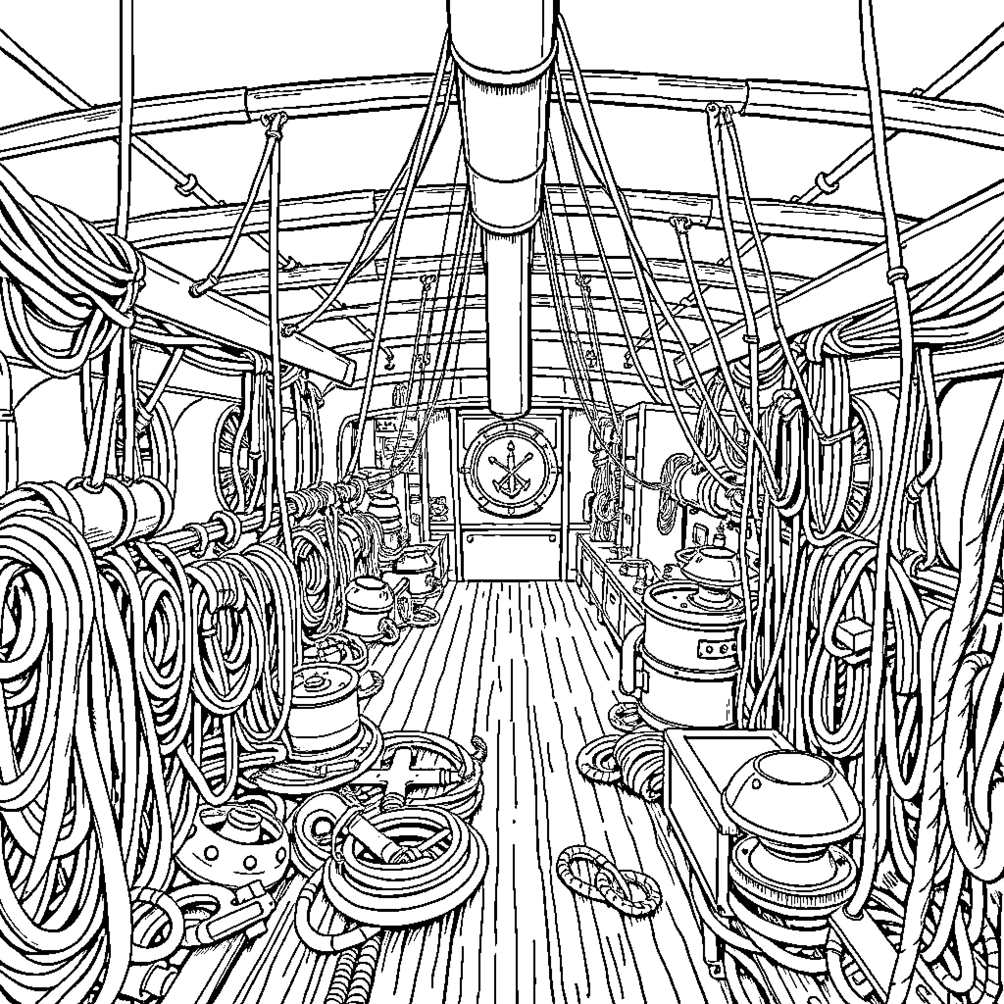 Confuse the Crew on the Pirate Ship Coloring Page (free black-and-white line drawing printable PDF for all, from beginners to advanced learners, including children, teens, adults, and seniors)