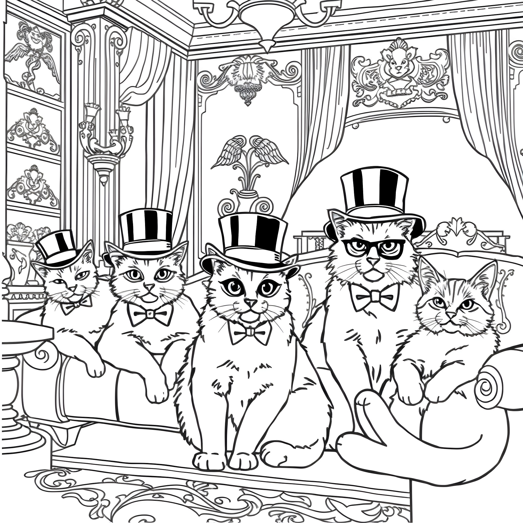 Cats dressed in formal attire in an elegant room Coloring Page (free black-and-white line drawing printable PDF for all, from beginners to advanced learners, including children, teens, adults, and seniors)