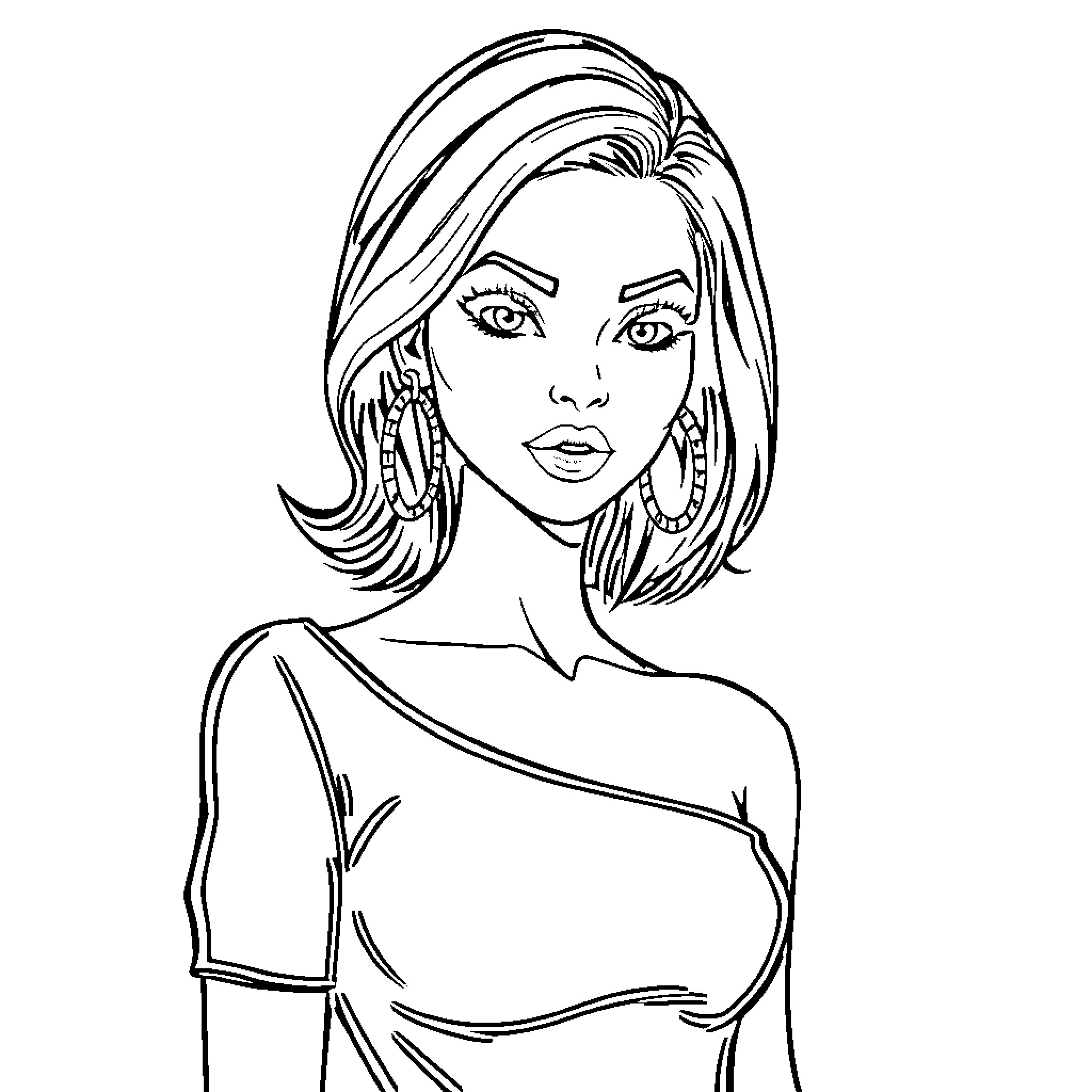 Woman with confident expression and stylish outfit Coloring Page (free black-and-white line drawing printable PDF for all, from beginners to advanced learners, including children, teens, adults, and seniors)