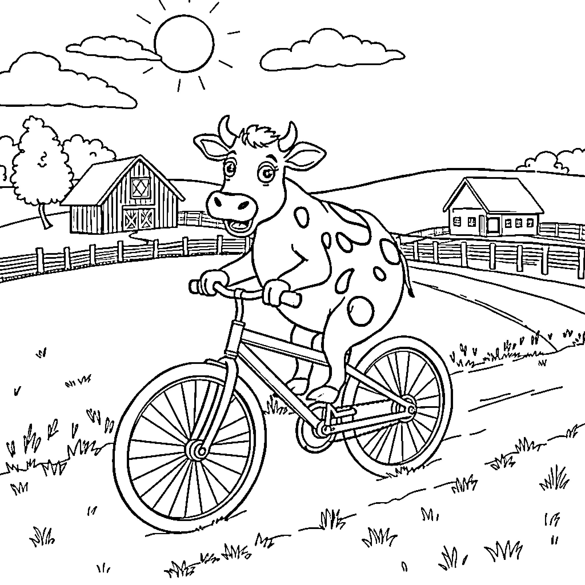 Cow riding a bicycle through a rural landscape Coloring Page (free black-and-white line drawing printable PDF for all, from beginners to advanced learners, including children, teens, adults, and seniors)