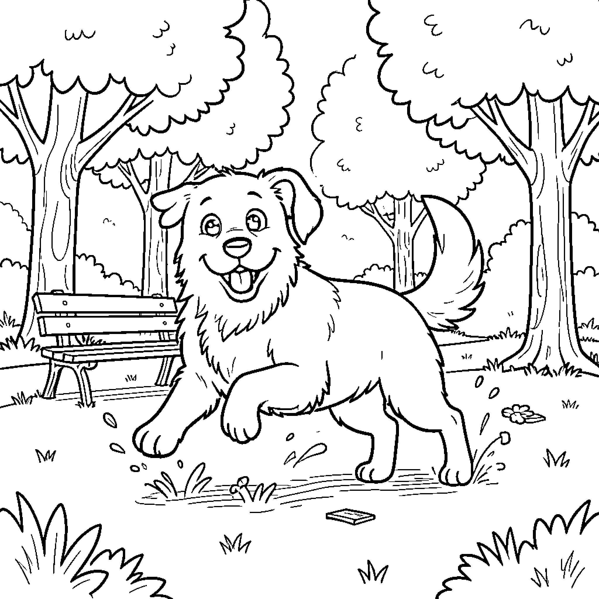 Dog running happily through a park with trees Coloring Page (free black-and-white line drawing printable PDF for all, from beginners to advanced learners, including children, teens, adults, and seniors)