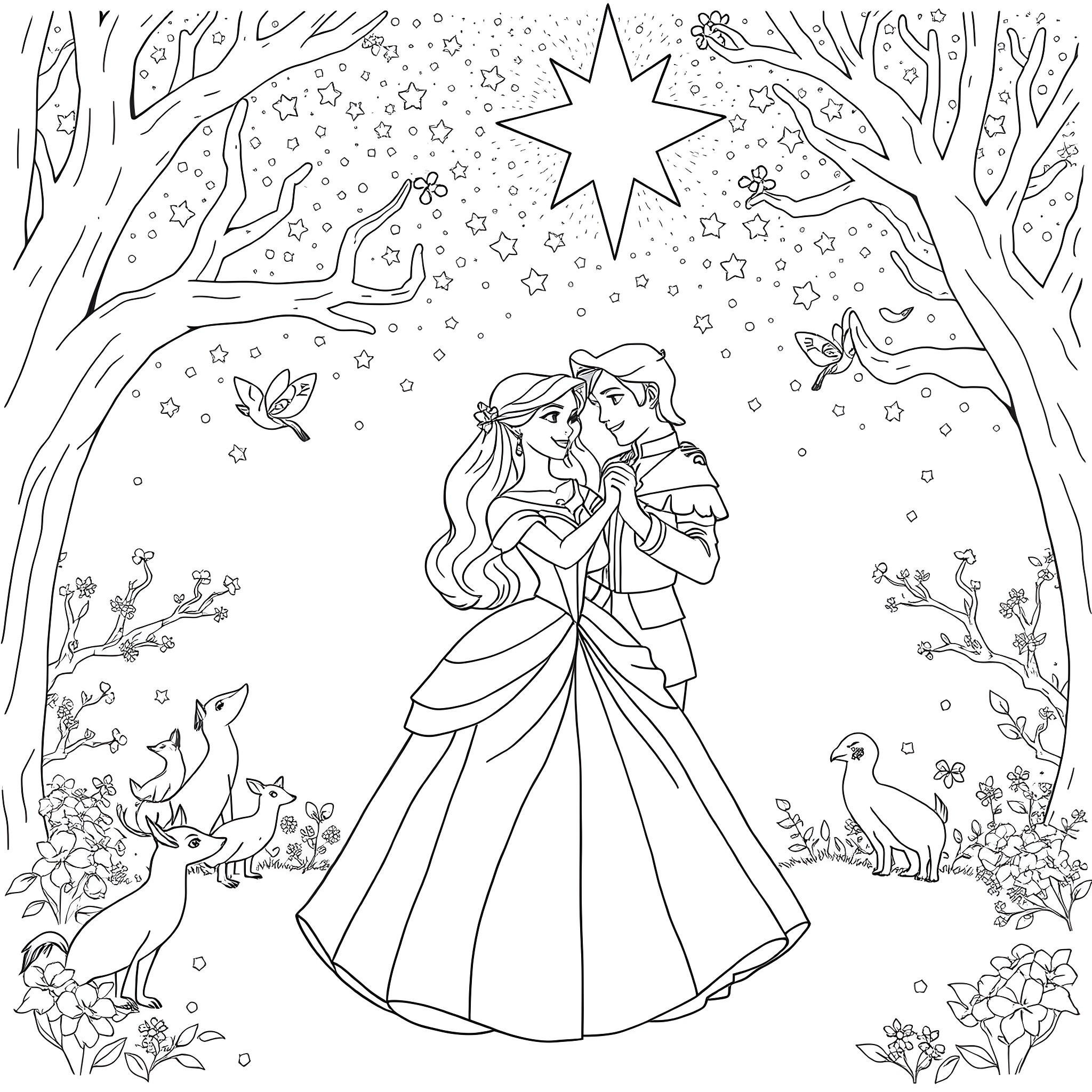 Aurora's enchanting winter dance with her prince Coloring Page (free black-and-white line drawing printable PDF for all, from beginners to advanced learners, including children, teens, adults, and seniors)
