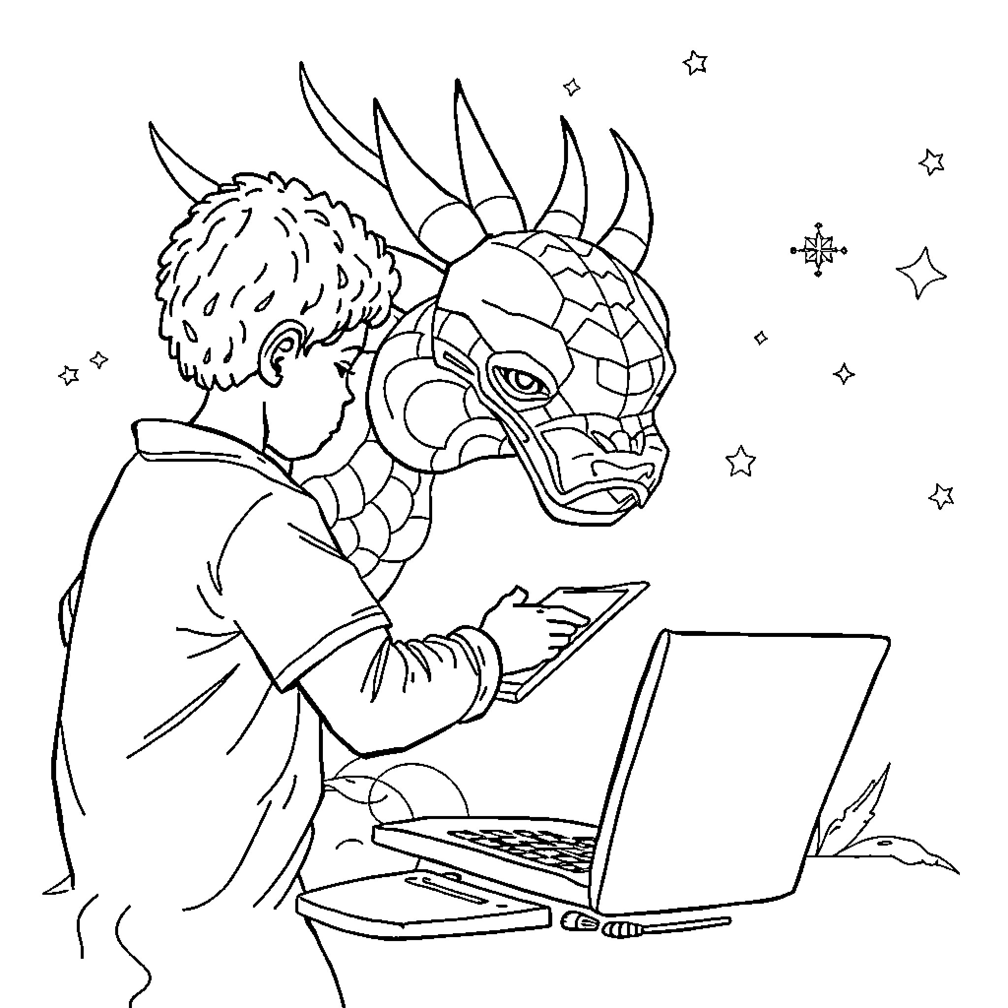 Task Force Confronting Digital Dragon Projection Coloring Page (free black-and-white line drawing printable PDF for all, from beginners to advanced learners, including children, teens, adults, and seniors)
