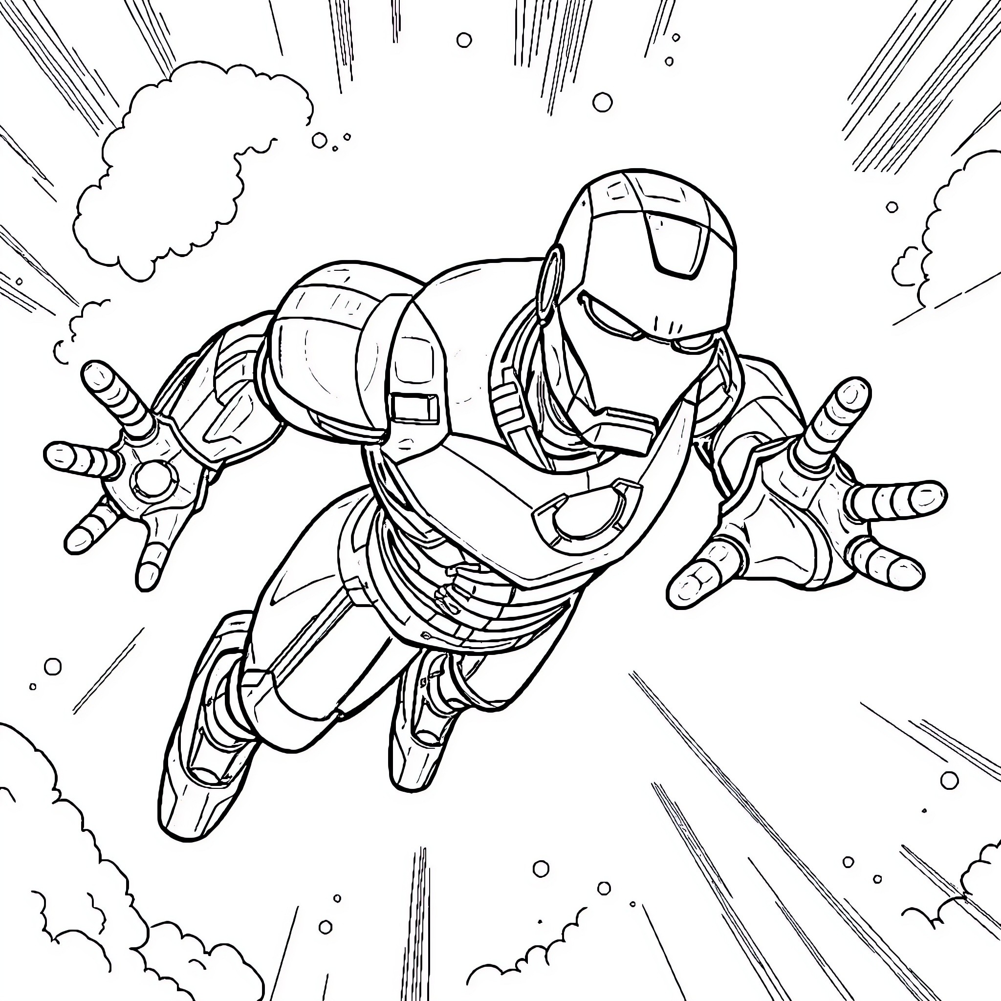 Iron Man soaring through the sky with determination Coloring Page (free black-and-white line drawing printable PDF for all, from beginners to advanced learners, including children, teens, adults, and seniors)