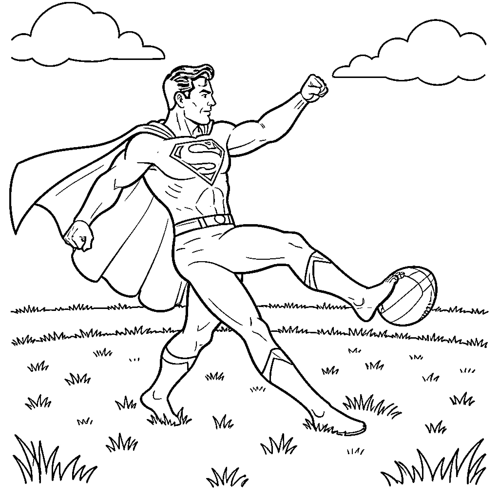 Superman kicking a ball in an open field Coloring Page (free black-and-white line drawing printable PDF for all, from beginners to advanced learners, including children, teens, adults, and seniors)