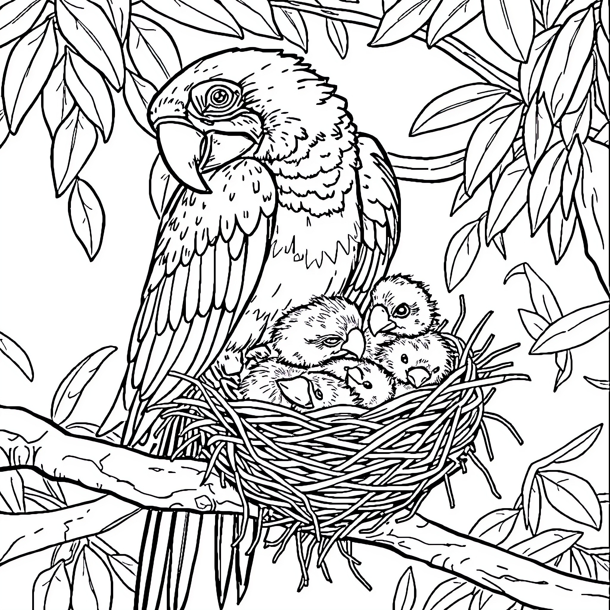 Macaw feeding its nestlings in the nest Coloring Page (free black-and-white line drawing printable PDF for all, from beginners to advanced learners, including children, teens, adults, and seniors)
