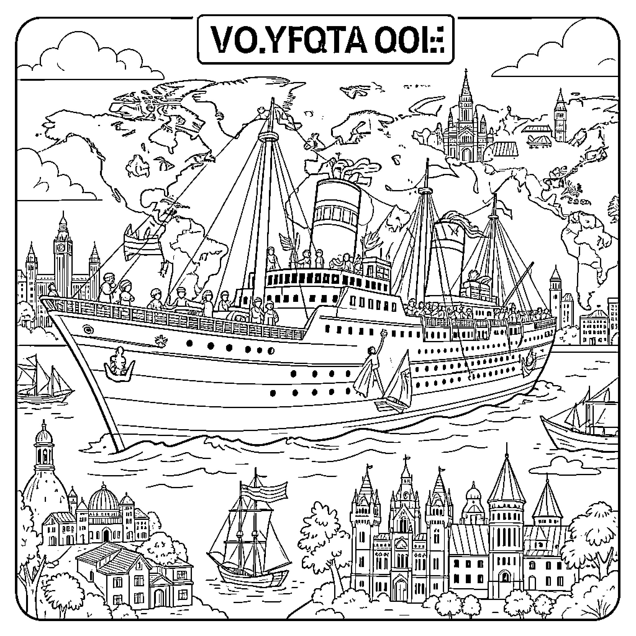 Voyage of a large passenger ship across the world Coloring Page (free black-and-white line drawing printable PDF for all, from beginners to advanced learners, including children, teens, adults, and seniors)