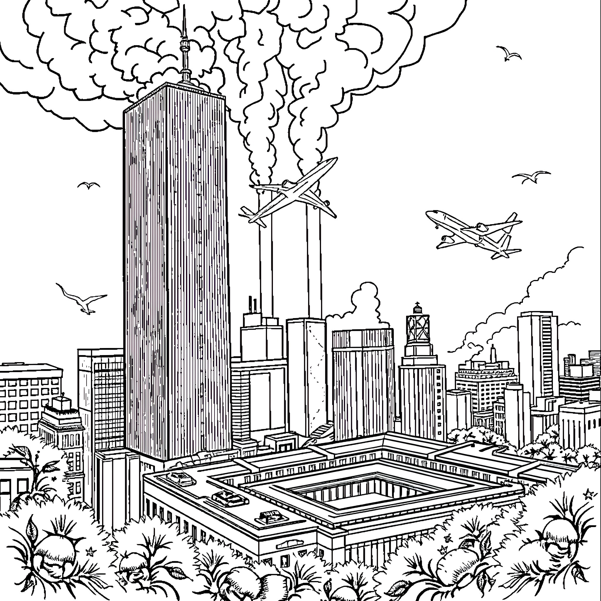 9/11 Tragedy: Towering Skyscrapers and Smoke-filled Skyline Coloring Page (free black-and-white line drawing printable PDF for all, from beginners to advanced learners, including children, teens, adults, and seniors)
