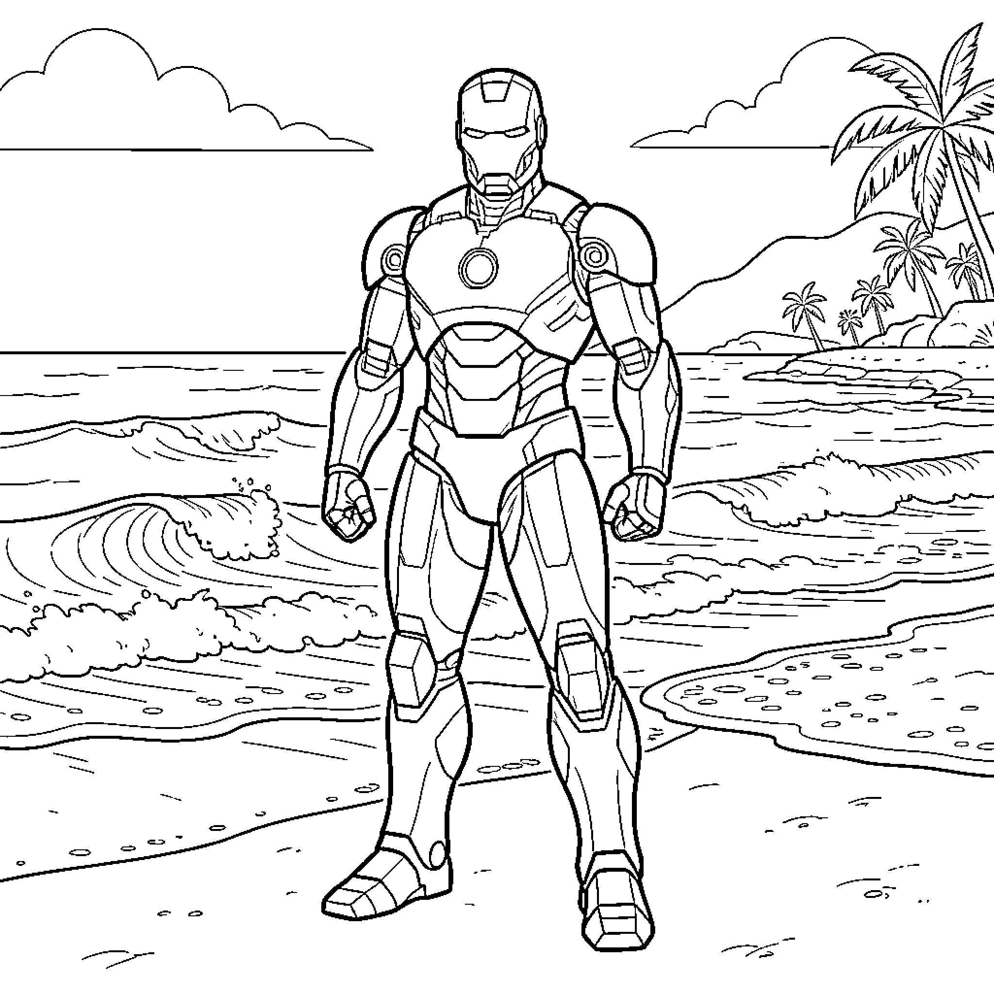 Iron Man standing heroically on a tropical beach Coloring Page (free black-and-white line drawing printable PDF for all, from beginners to advanced learners, including children, teens, adults, and seniors)