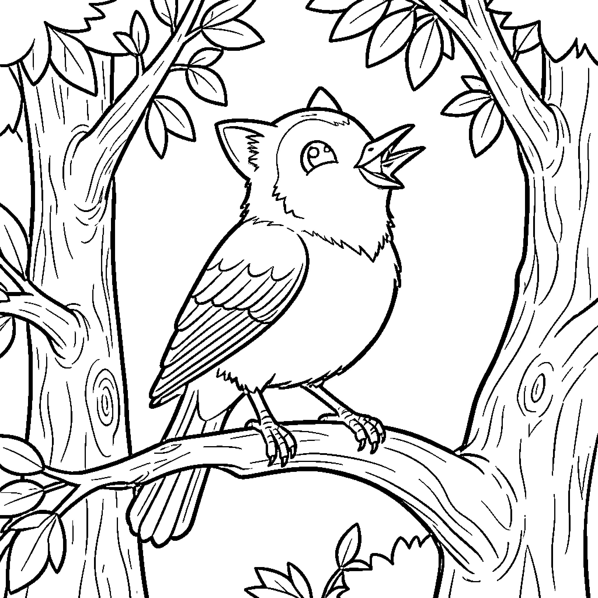 Catbird singing loudly on a tree branch Coloring Page (free black-and-white line drawing printable PDF for all, from beginners to advanced learners, including children, teens, adults, and seniors)