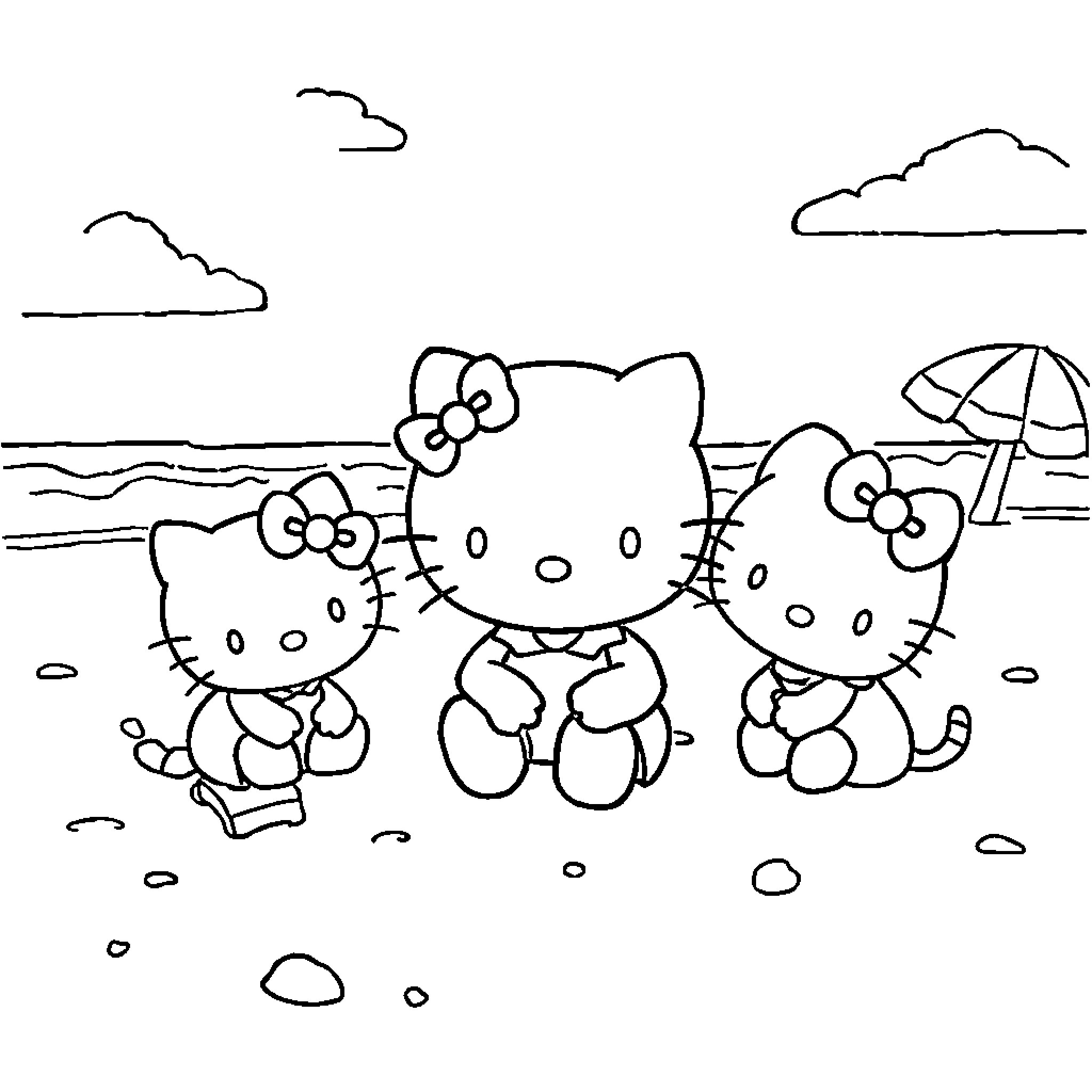 Hello Kitty and friends at the beach Coloring Page (free black-and-white line drawing printable PDF for all, from beginners to advanced learners, including children, teens, adults, and seniors)