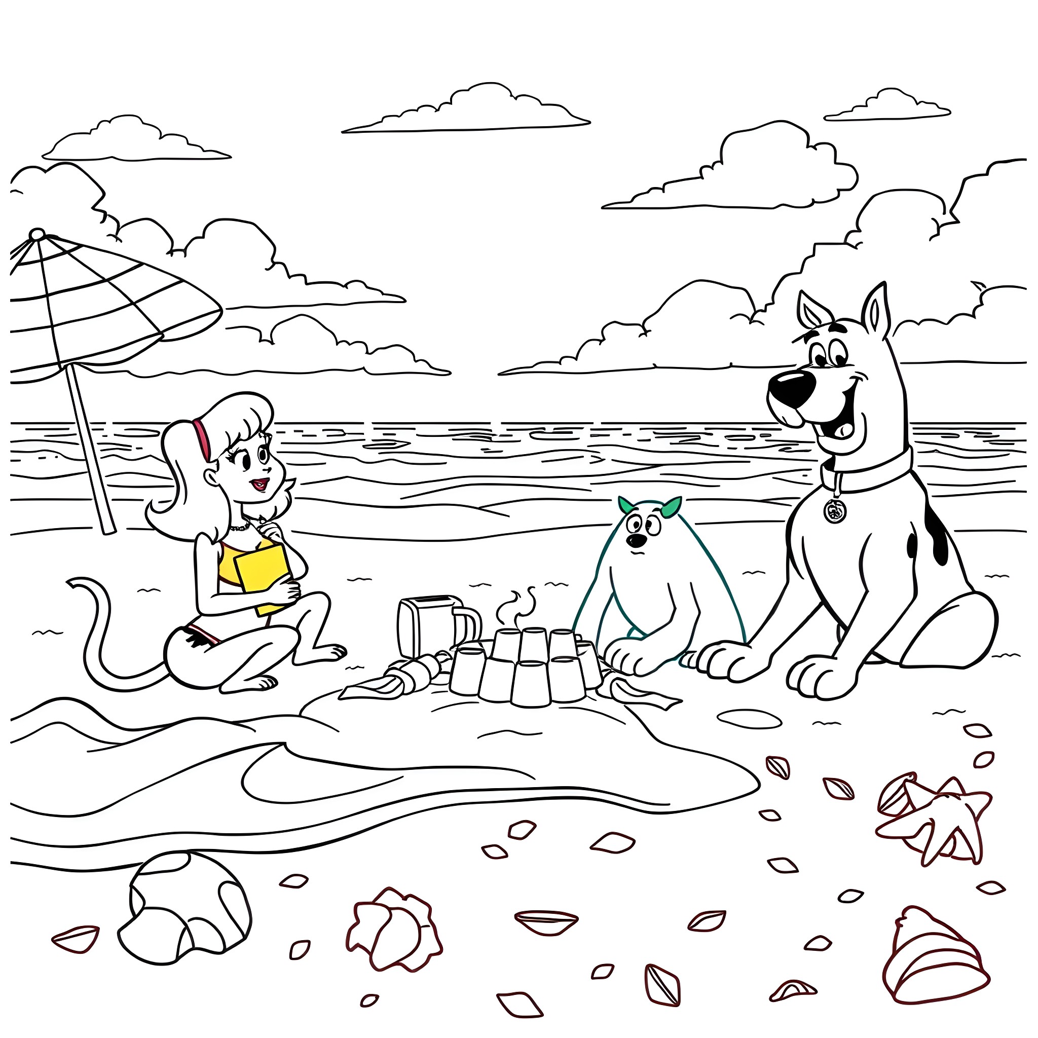 Scooby Doo and Friends at the Beach Coloring Page (free black-and-white line drawing printable PDF for all, from beginners to advanced learners, including children, teens, adults, and seniors)