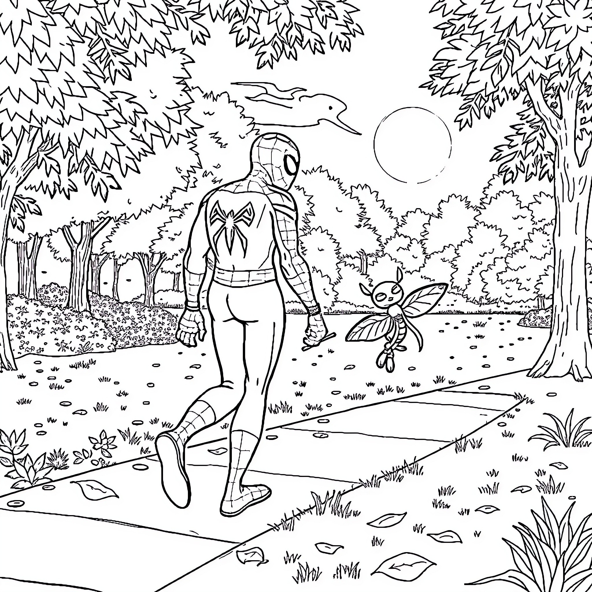 Spiderman exploring the magical forest Coloring Page (free black-and-white line drawing printable PDF for all, from beginners to advanced learners, including children, teens, adults, and seniors)