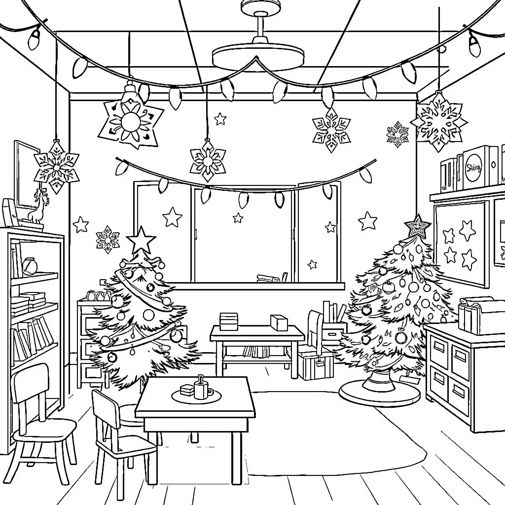 Christmas Decor and Furnishings in a Cozy Interior Coloring Page (free black-and-white line drawing printable PDF for all, from beginners to advanced learners, including children, teens, adults, and seniors)