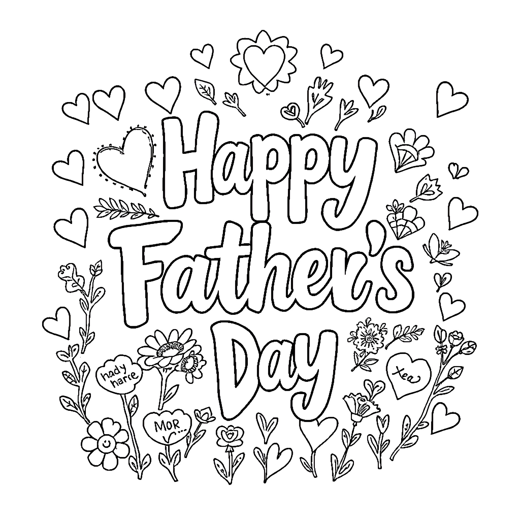 Father's Day celebration with hearts and flowers Coloring Page (free black-and-white line drawing printable PDF for all, from beginners to advanced learners, including children, teens, adults, and seniors)