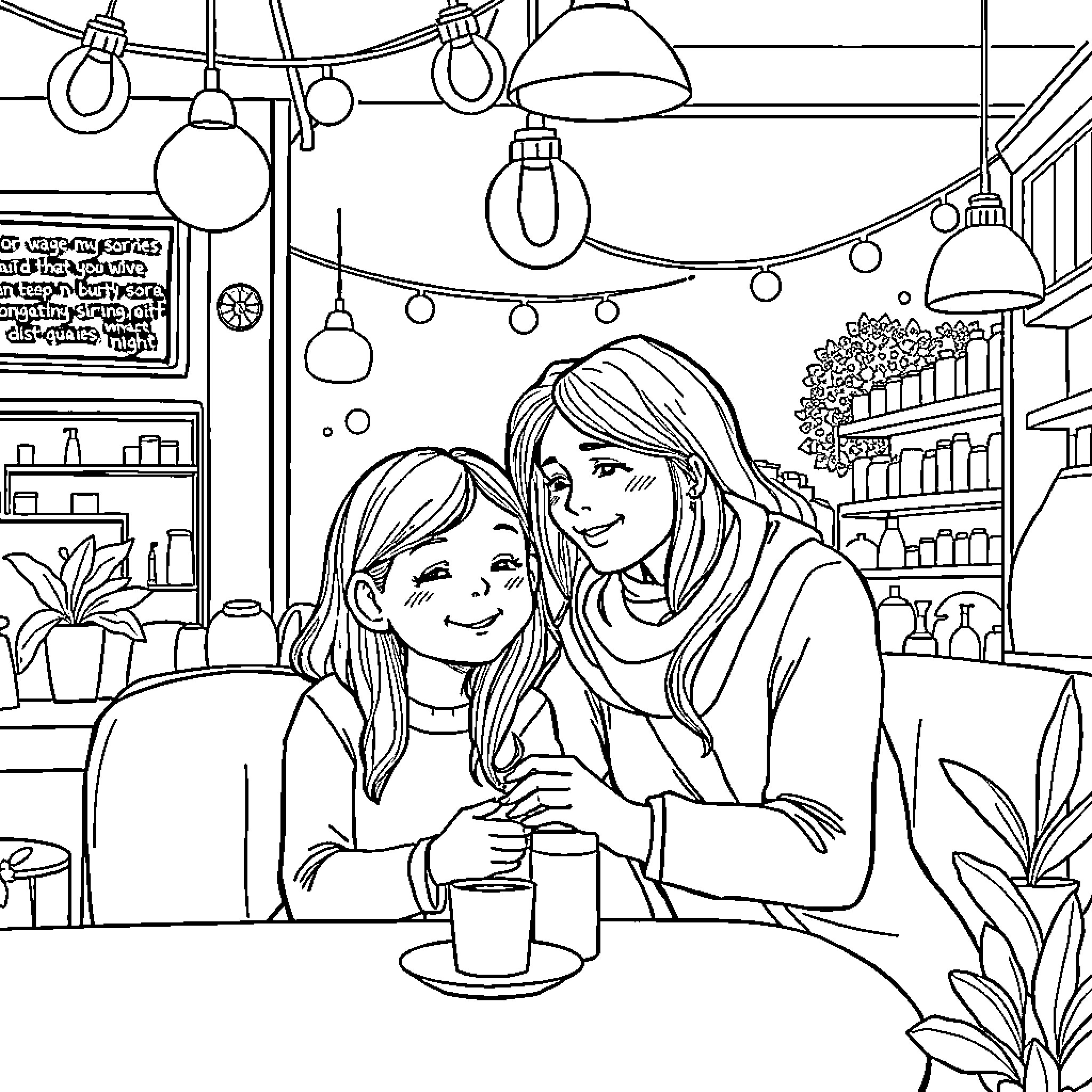 Girl spending quality time with mother in cozy cafe Coloring Page (free black-and-white line drawing printable PDF for all, from beginners to advanced learners, including children, teens, adults, and seniors)