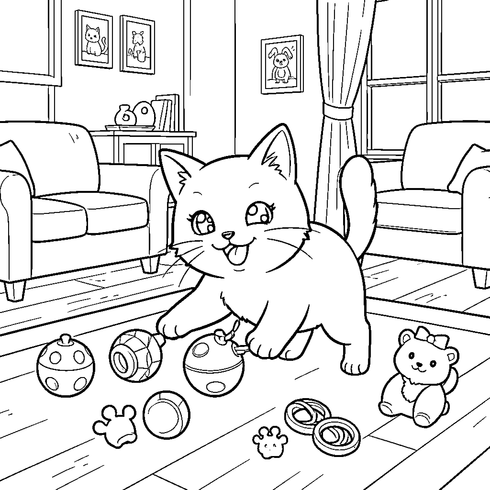 Kirara the Playful Kitten in the Living Room Coloring Page (free black-and-white line drawing printable PDF for all, from beginners to advanced learners, including children, teens, adults, and seniors)