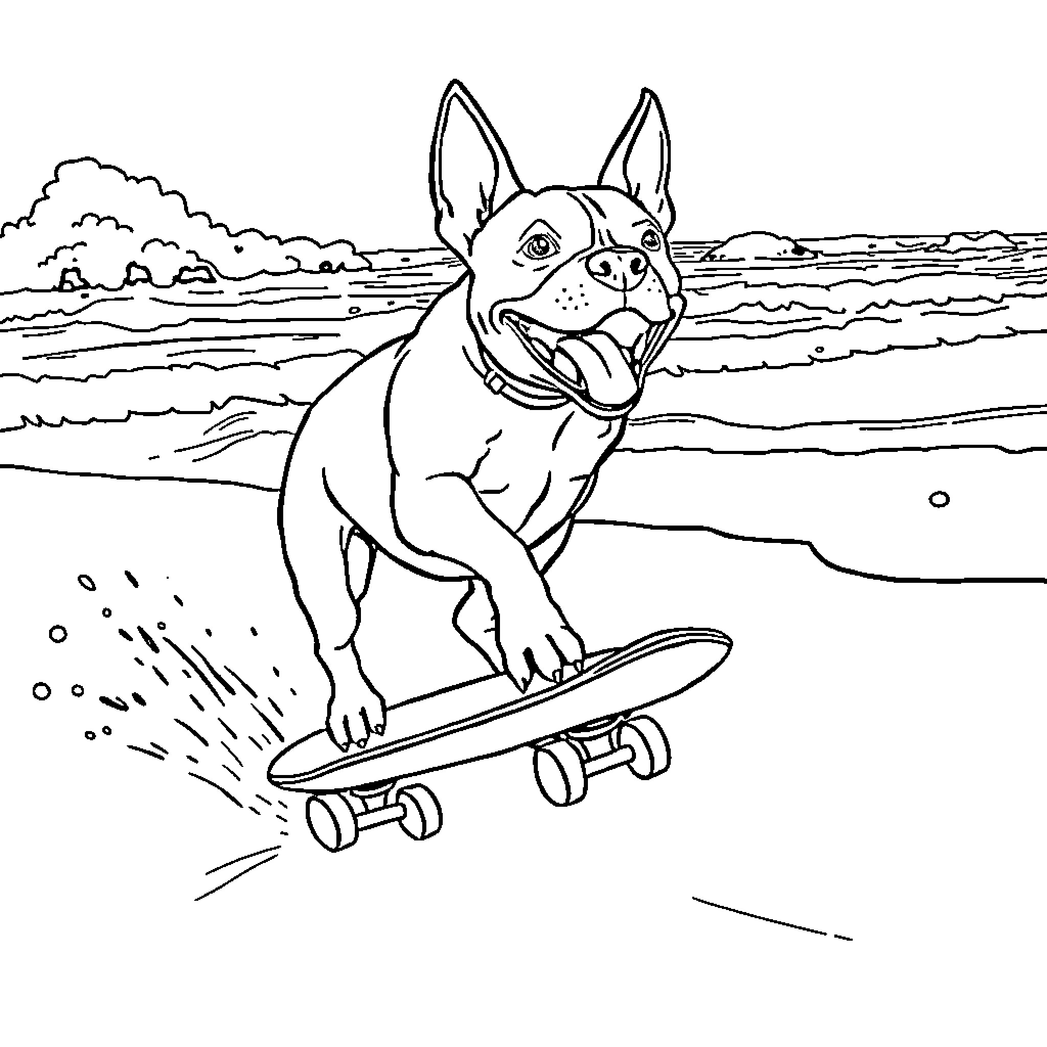 Bull Terrier riding a skateboard at the beach Coloring Page (free black-and-white line drawing printable PDF for all, from beginners to advanced learners, including children, teens, adults, and seniors)