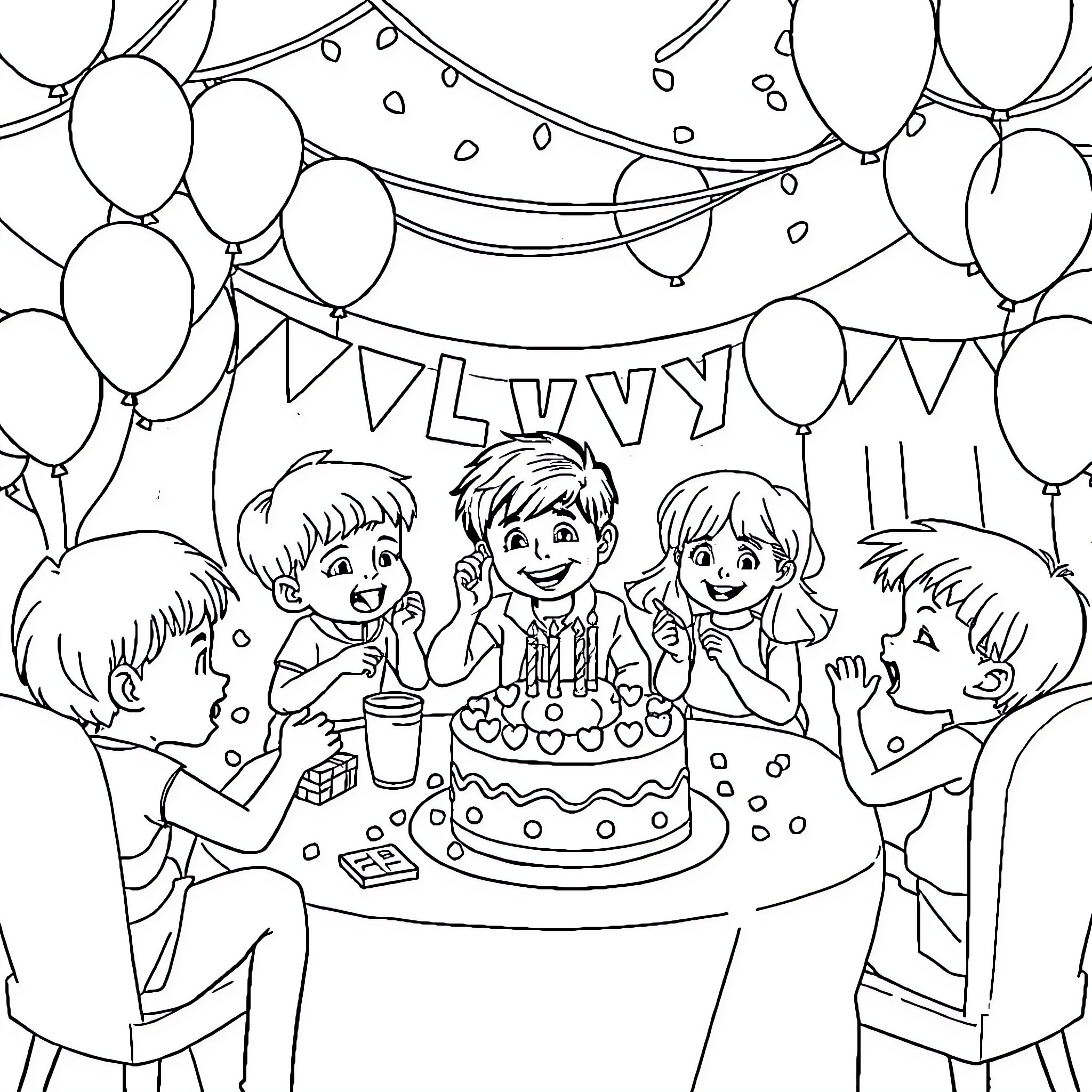 Bluey's Birthday Party with Friends Coloring Page (free black-and-white line drawing printable PDF for all, from beginners to advanced learners, including children, teens, adults, and seniors)