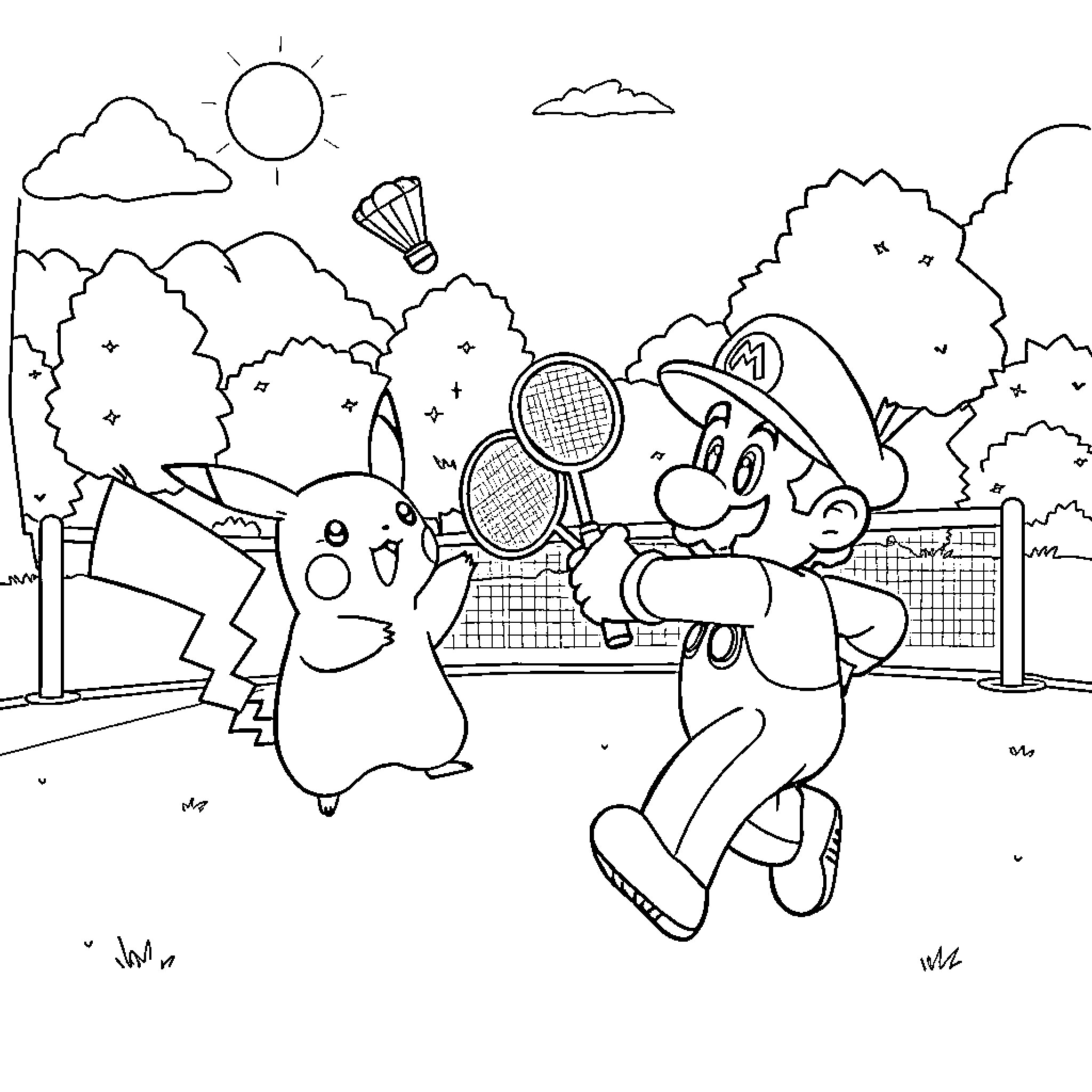 Pikachu and Mario playing badminton in the park Coloring Page (free black-and-white line drawing printable PDF for all, from beginners to advanced learners, including children, teens, adults, and seniors)