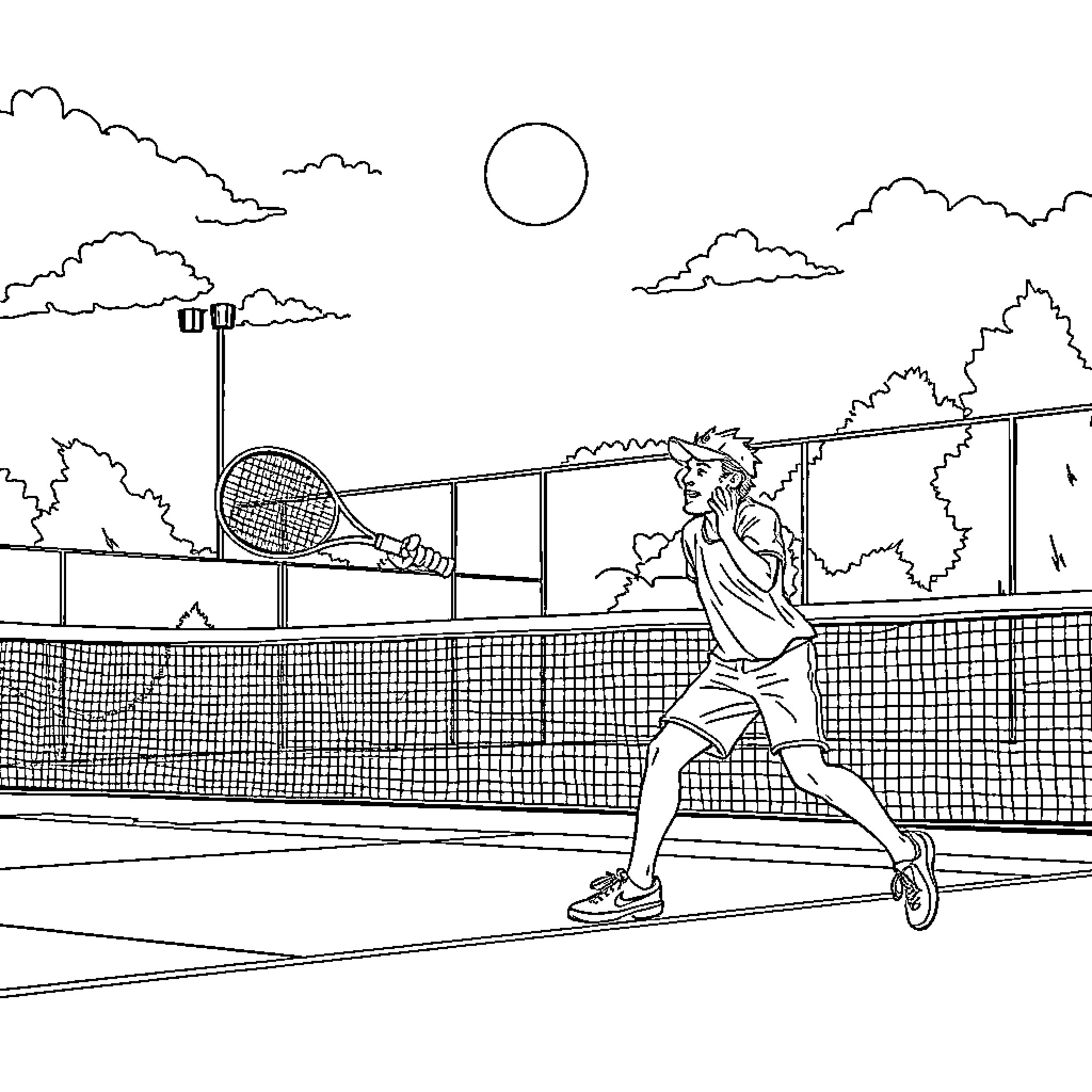 Delyan Peevski playing tennis on the court Coloring Page (free black-and-white line drawing printable PDF for all, from beginners to advanced learners, including children, teens, adults, and seniors)
