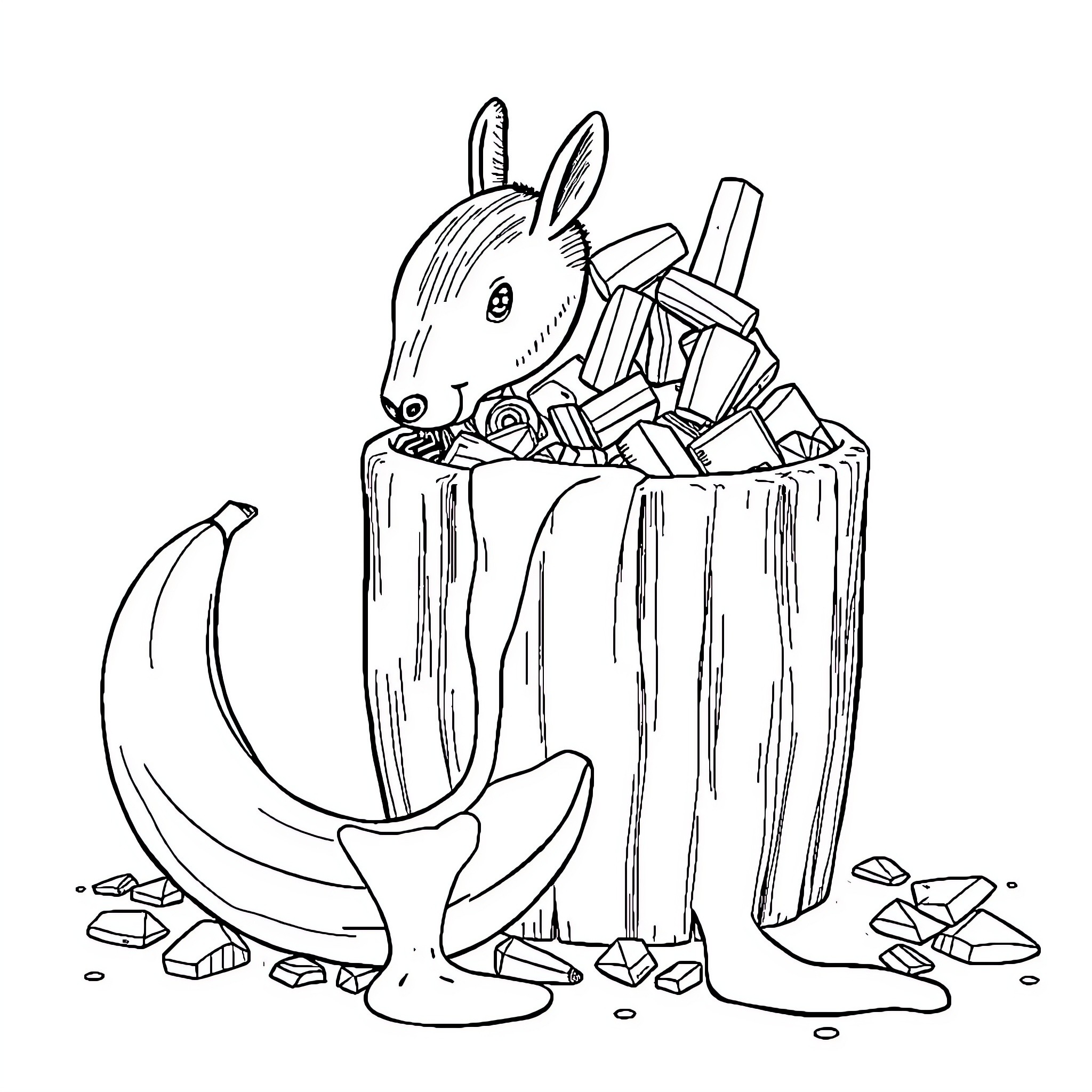 Trash Can Overflowing with Discarded Items Coloring Page (free black-and-white line drawing printable PDF for all, from beginners to advanced learners, including children, teens, adults, and seniors)