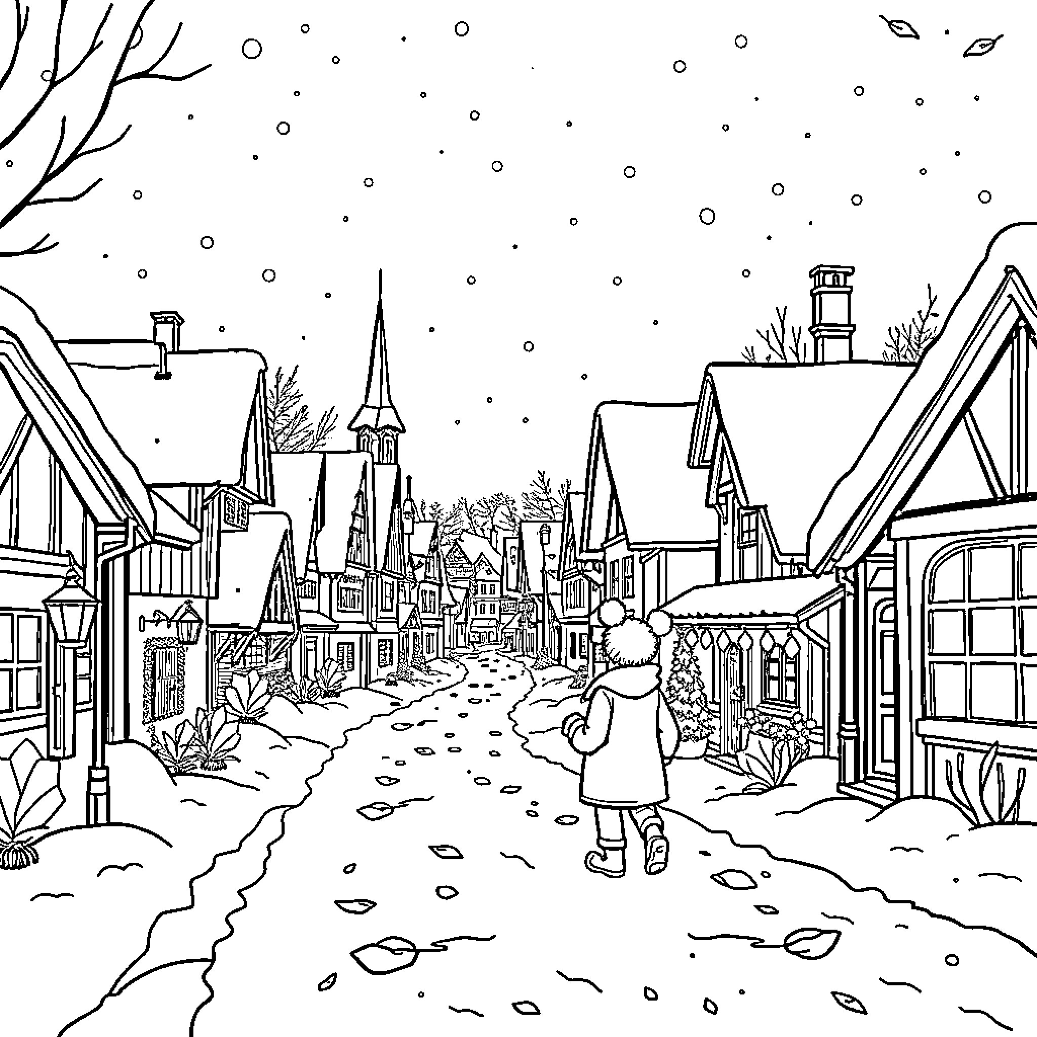 Mikuláš exploring the snowy winter village Coloring Page (free black-and-white line drawing printable PDF for all, from beginners to advanced learners, including children, teens, adults, and seniors)