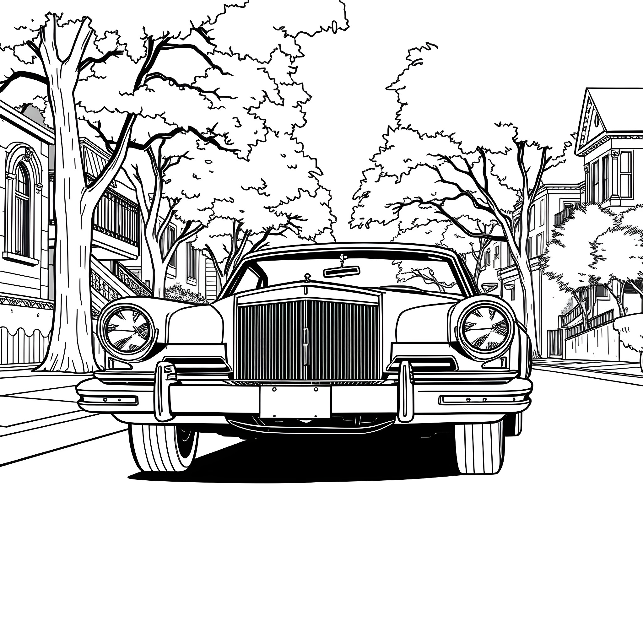 Lincoln classic car on street with trees Coloring Page (free black-and-white line drawing printable PDF for all, from beginners to advanced learners, including children, teens, adults, and seniors)