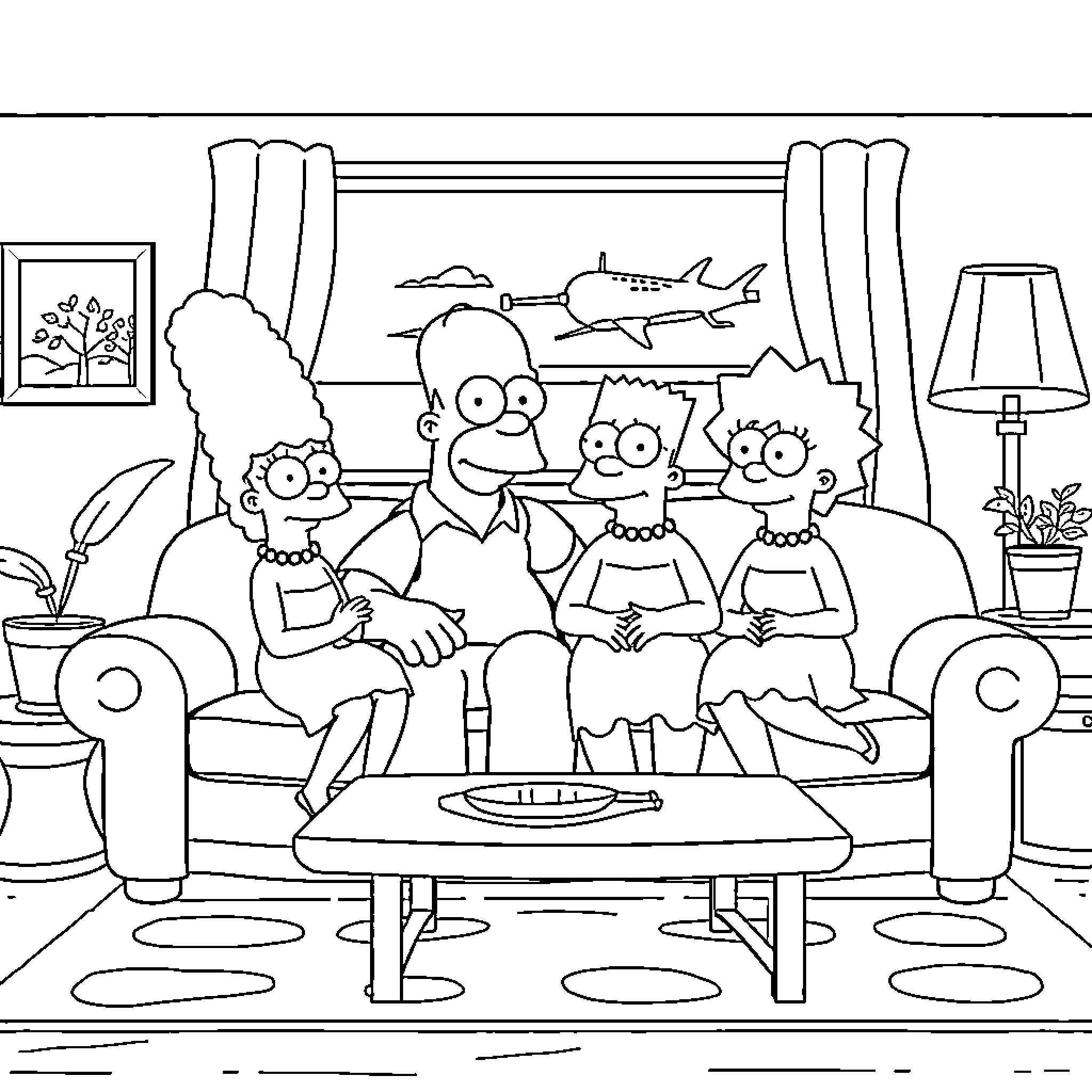 Simpson family relaxing together at home Coloring Page (free black-and-white line drawing printable PDF for all, from beginners to advanced learners, including children, teens, adults, and seniors)