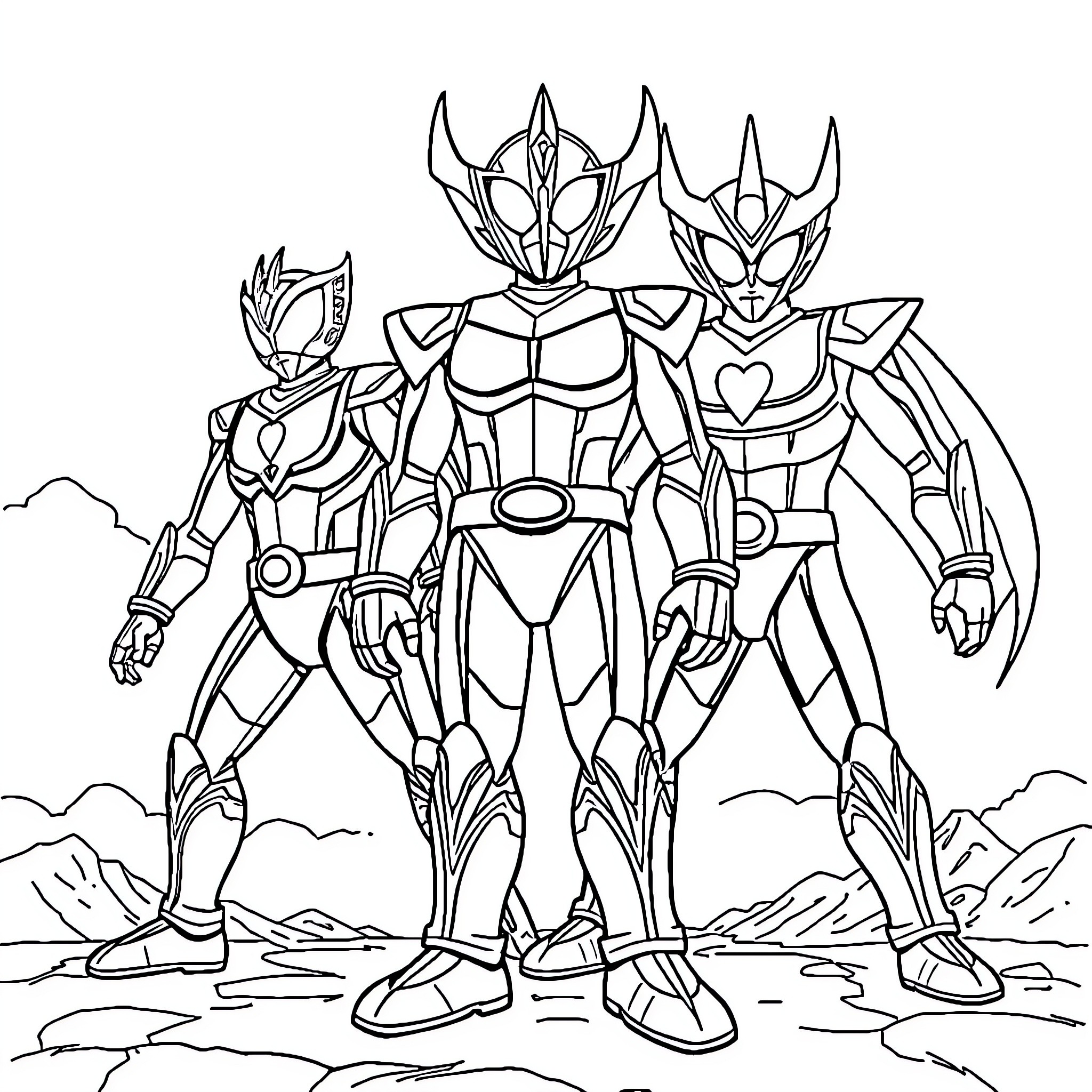 Ultraman heroes posing together in action-packed scene Coloring Page (free black-and-white line drawing printable PDF for all, from beginners to advanced learners, including children, teens, adults, and seniors)