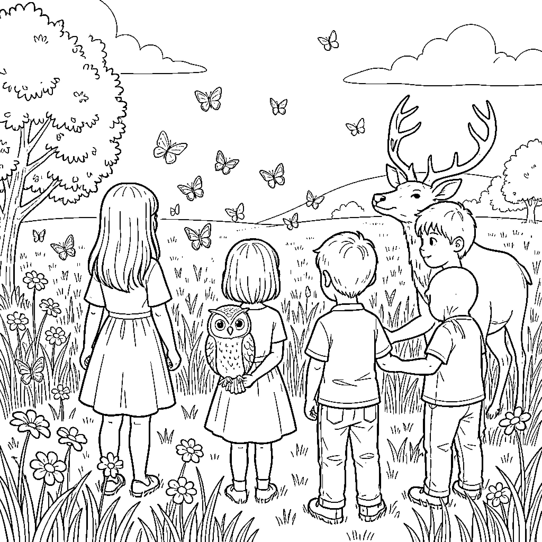 Enfant observing deer and butterflies in a meadow Coloring Page (free black-and-white line drawing printable PDF for all, from beginners to advanced learners, including children, teens, adults, and seniors)